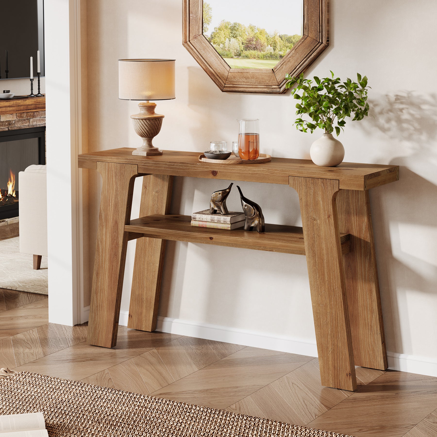 120 cm Houten Consoletafel, Massief Houten Bijzettafel met 2-Laden Opbergvak