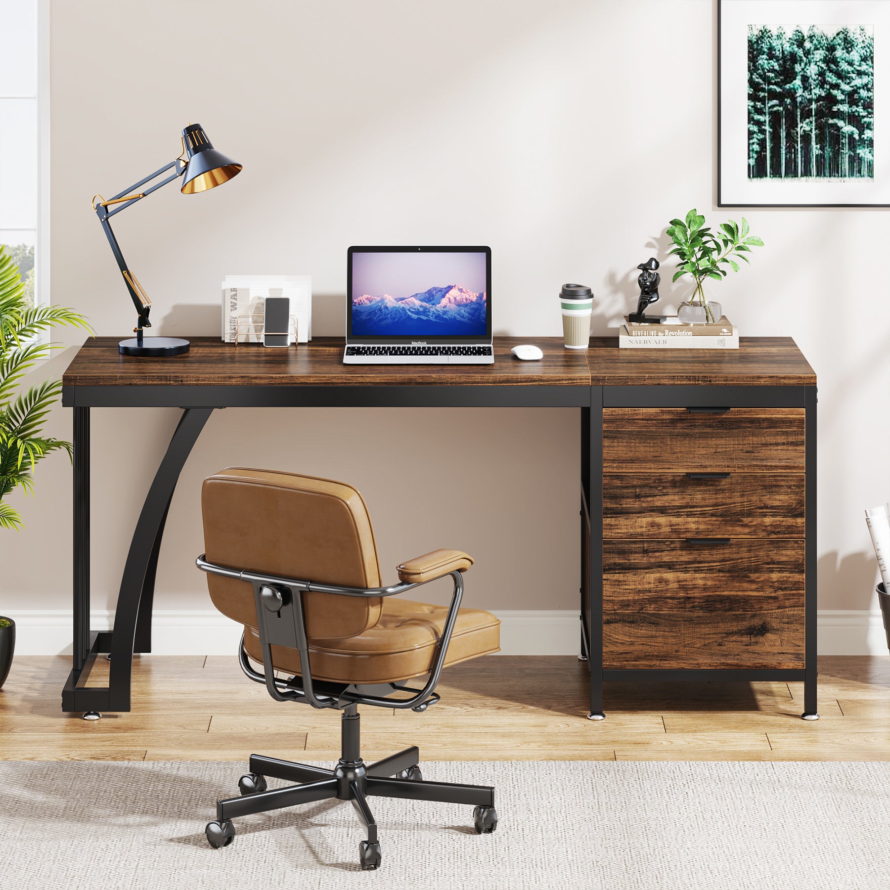 150 cm Computertafel, Industrieel Bureau Met 3 Ombouwbare Laden in Rustiek Bruin