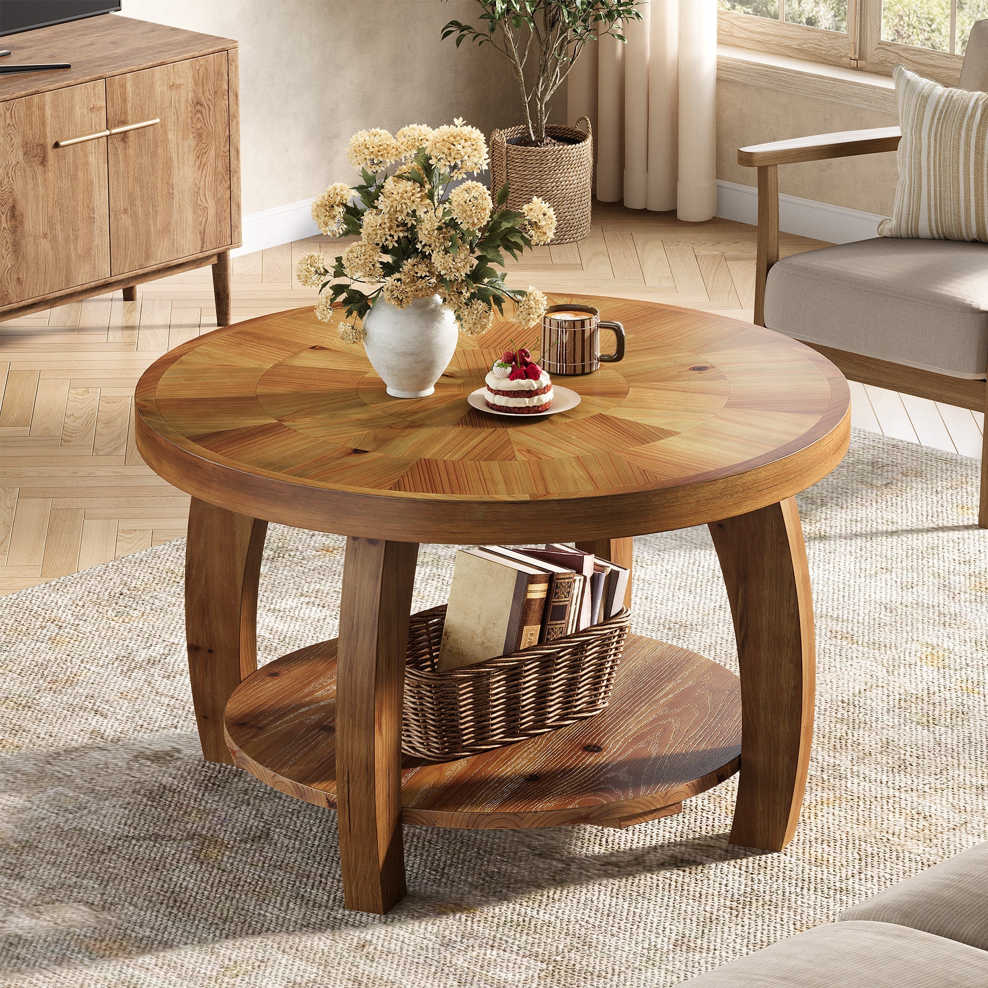 Tribesigns 80 cm ronde houten salontafel, 2-laags bijzettafeltje met mozaïekpatroon en onderste opbergplank