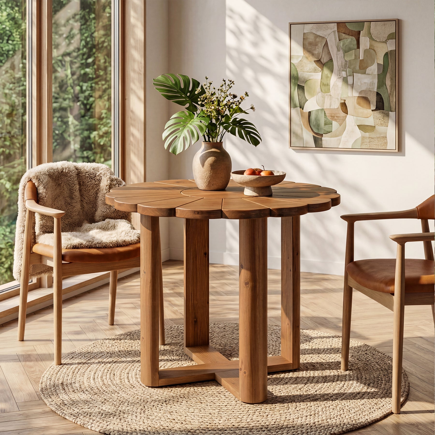 Tribesigns Massief Houten Ronde Eettafel 80 cm voor 2–4 personen, Landelijke Eetkamertafel met Floraal Snijwerkpatroon