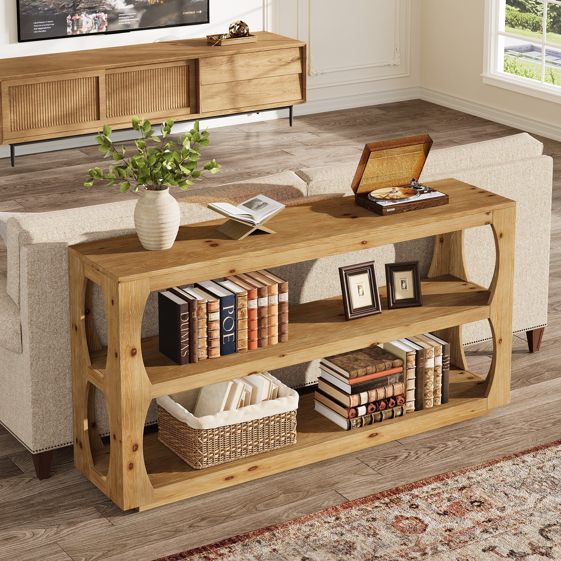 160 cm Houten Consoletafel met 3-Laags Opbergruimte, Lange Smalle Landelijke Tafel