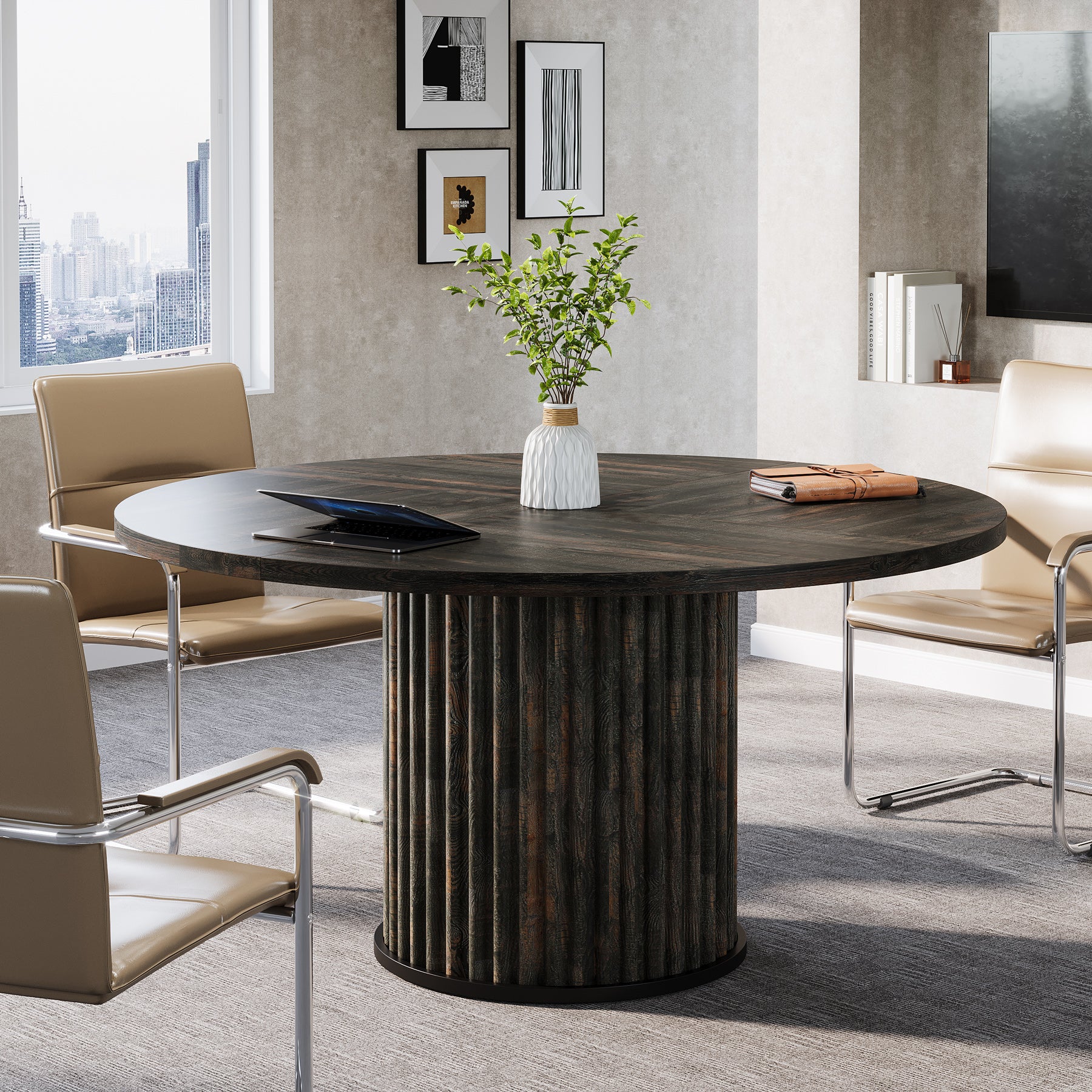 120 cm Zwart Ronde Conferentietafel, Stabiel Bureau voor 4-6 Personen