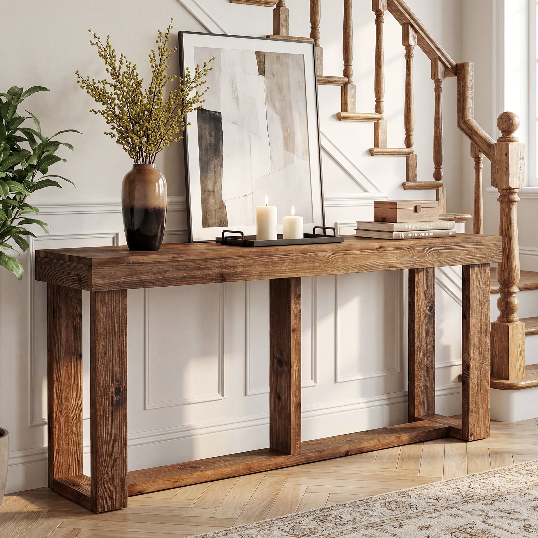 160 cm massief houten consoletafel, landelijke bank- en entree tafel voor de woonkamer