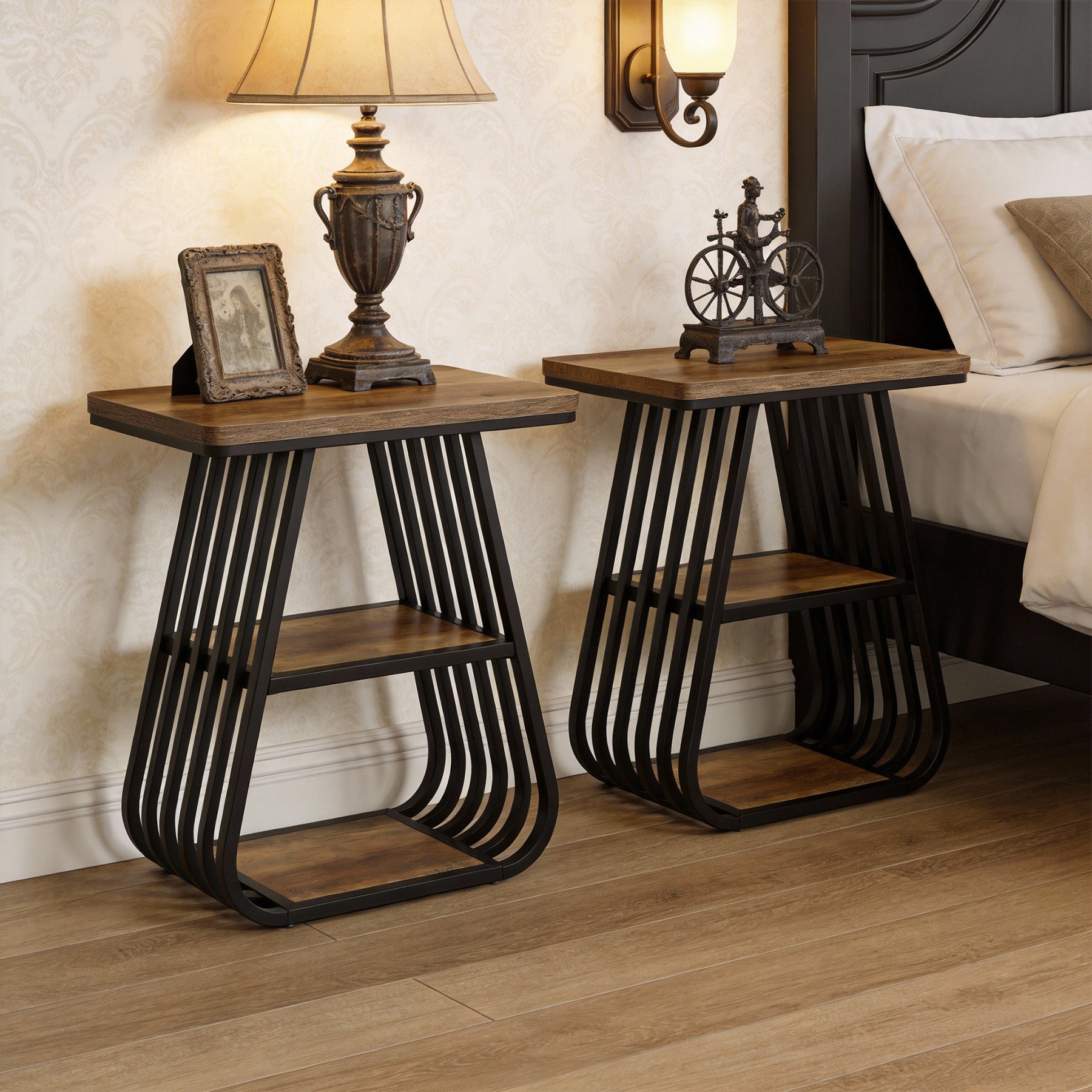 60 cm Bijzettafel voor Woonkamer, 3-Tier Smalle Tafel met Opbergplank in Eikenbruin en Zwart
