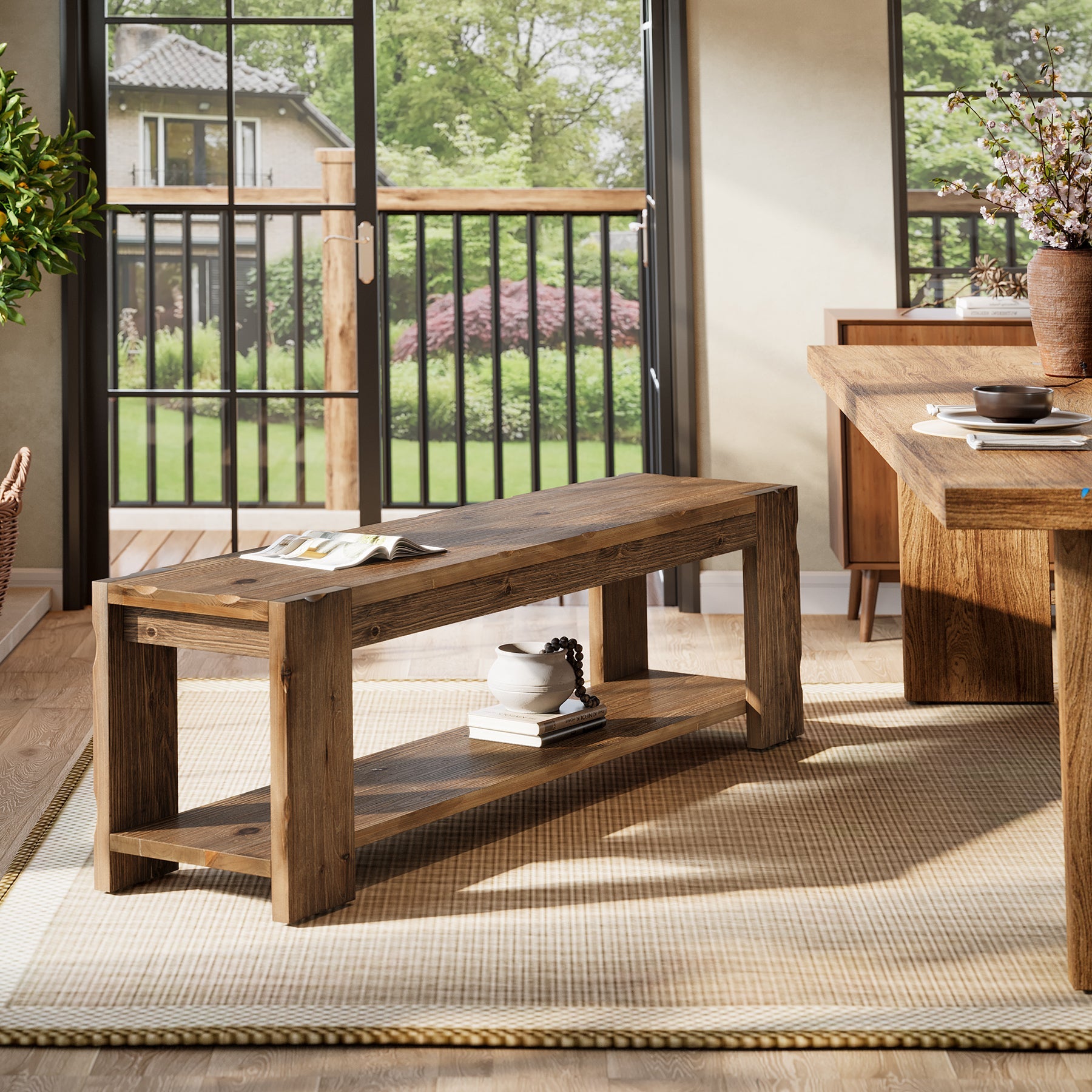 Tribesigns massief houten schoenenbank 140 cm met opbergplank, 2-niveaus gangbank voor de entree