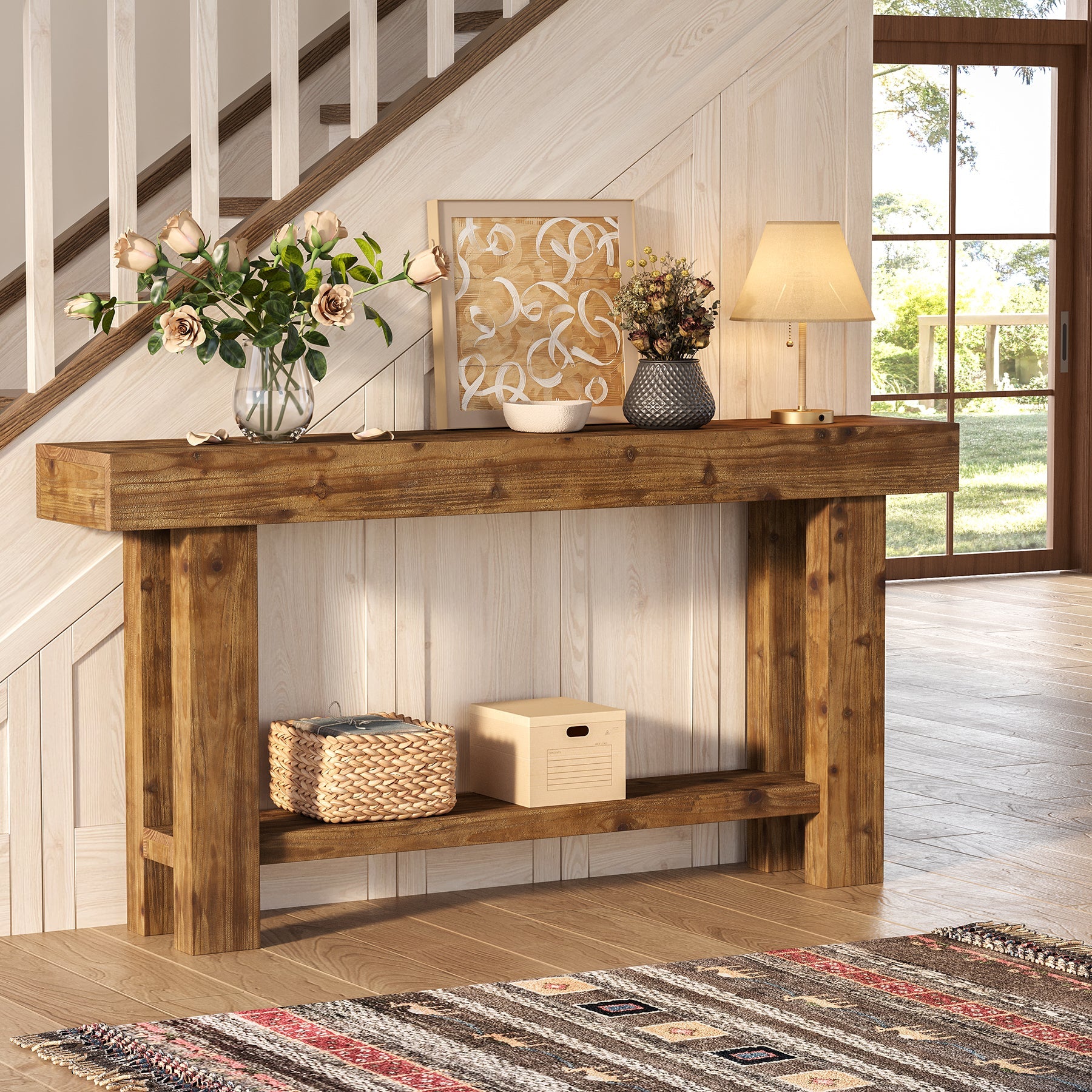 Tribesigns massief houten consoletafel 160 cm, smalle haltafel in landelijke stijl met 2 opbergplanken