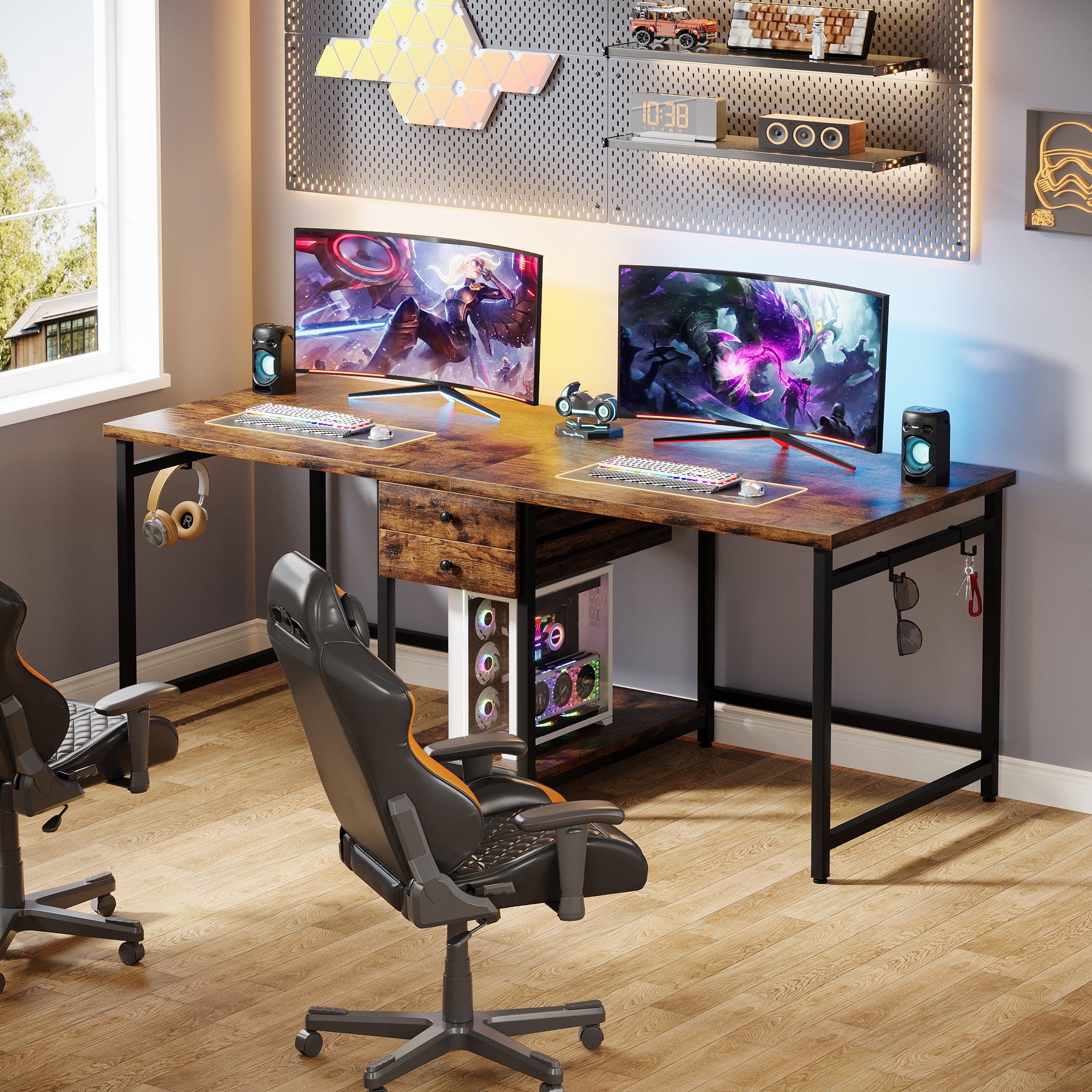 200 cm Tribesigns dubbel bureau met 2 lades en planken, industrieel werkbureau voor kantoor en studie