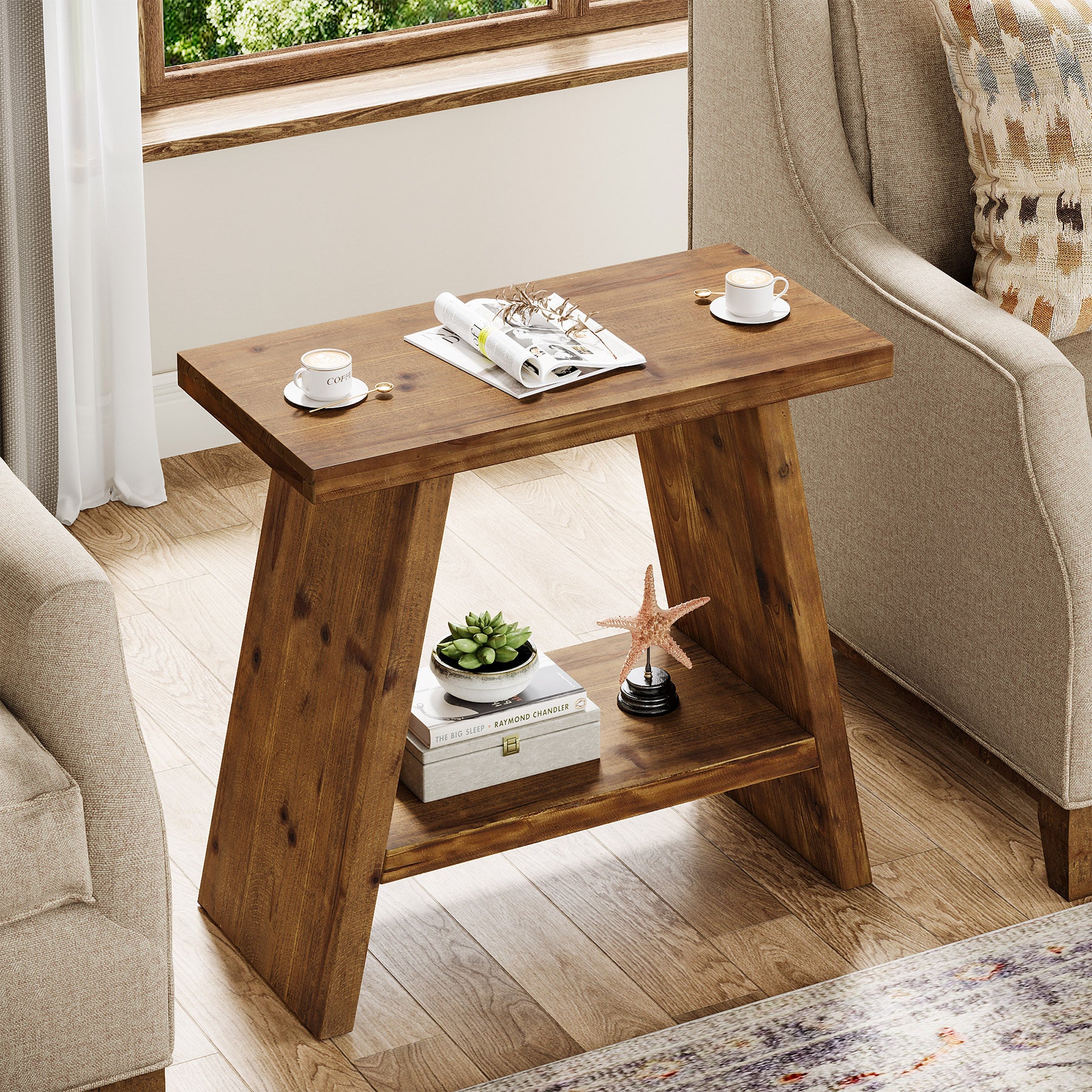 60 x 30 cm Smalle bijzettafel van massief hout met 2-laagse opbergruimte, landelijk nachtkastje voor woonkamer en slaapkamer