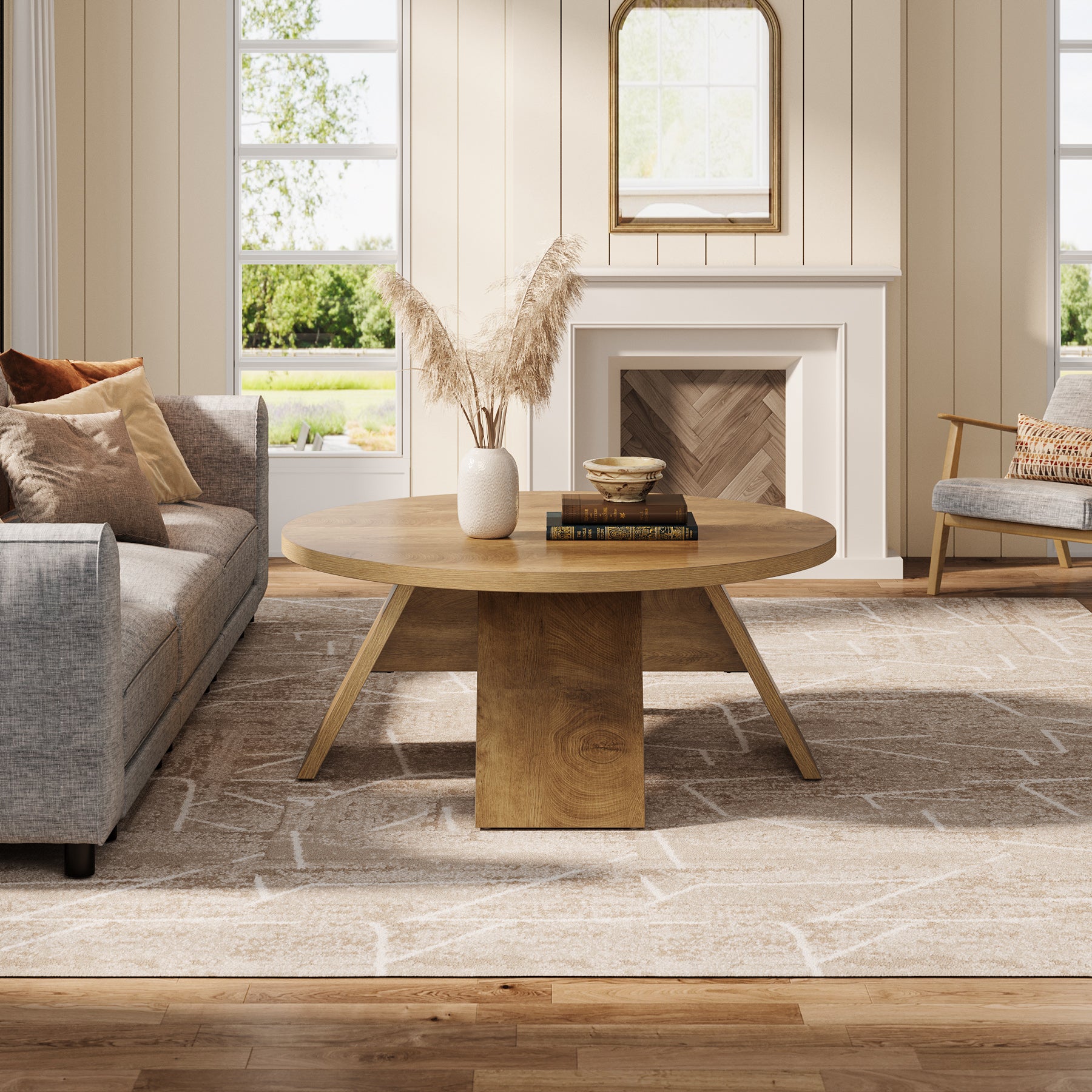 100 cm Ronde Houten Salontafel met Gespreide Poten, Modern Accent Tafel voor Woonkamer