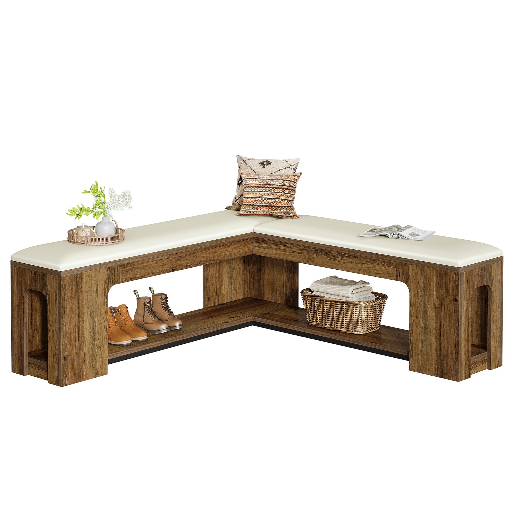 Tribesigns 120 cm L-vormige Hoekbank met Zitkussen, Farmhouse Zitbank met Schoenenrek en Open Opbergruimte