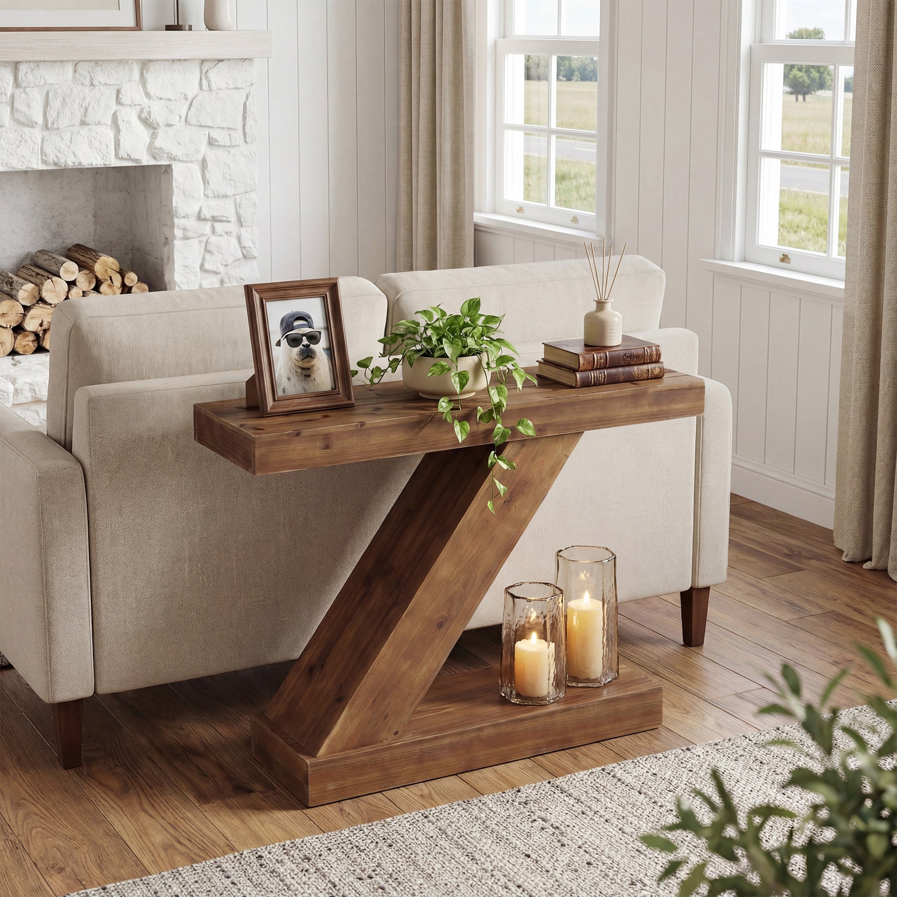 Tribesigns 105 cm Consoletafel, Massief Houten Haltafel met Z-Vorm voor Entree