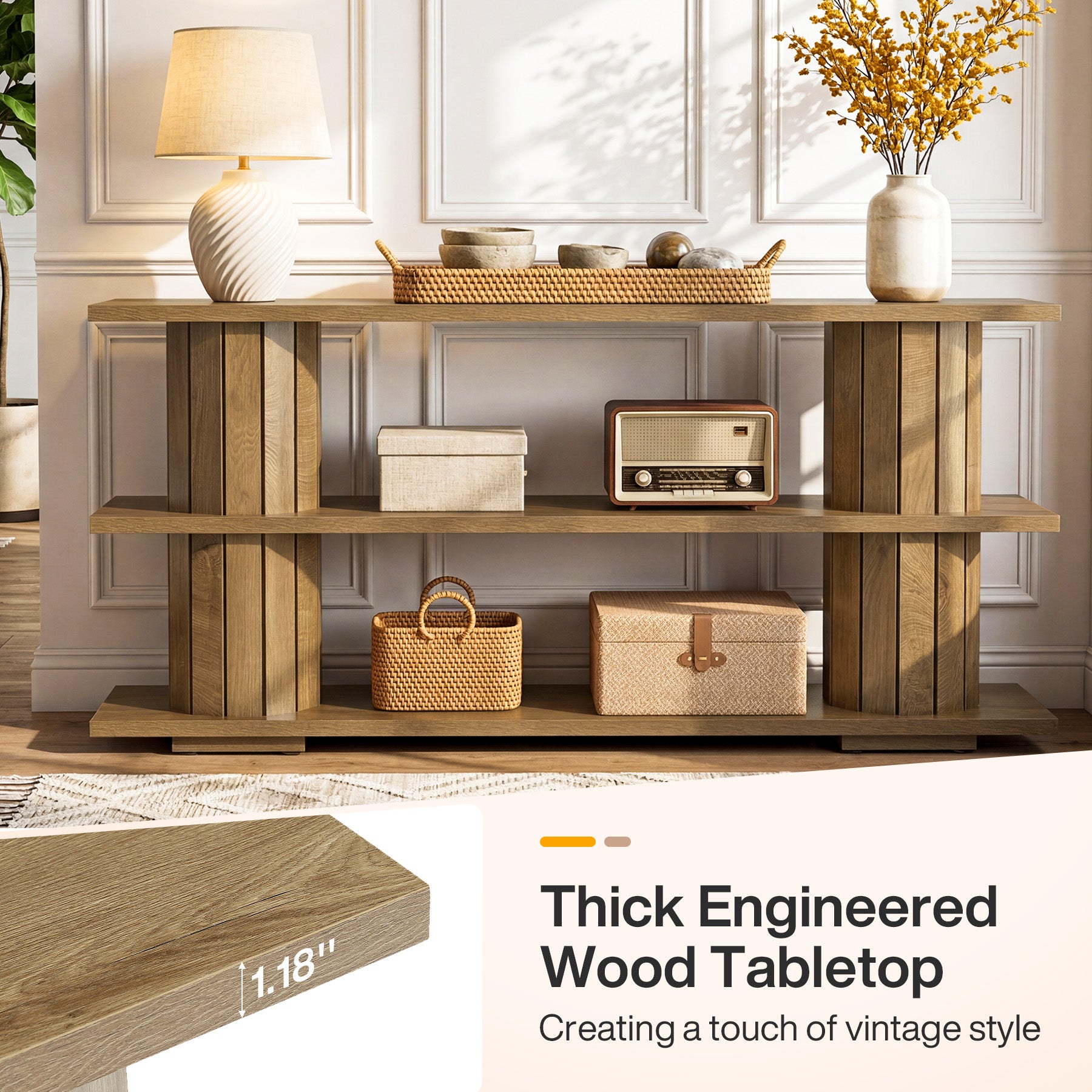 160 cm Consoletafel met 3-Laags Opbergrekken, Lange Haltafel voor Woonkamer en Entree
