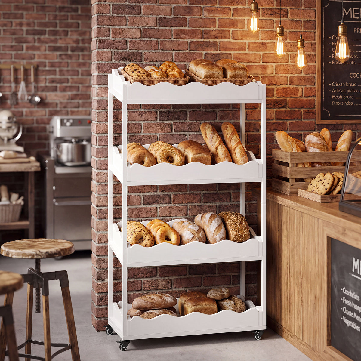140 cm Tribesigns groente- en fruitrek met 4 schuine opbergvakken, verrijdbaar wit opbergrek voor keuken en winkel