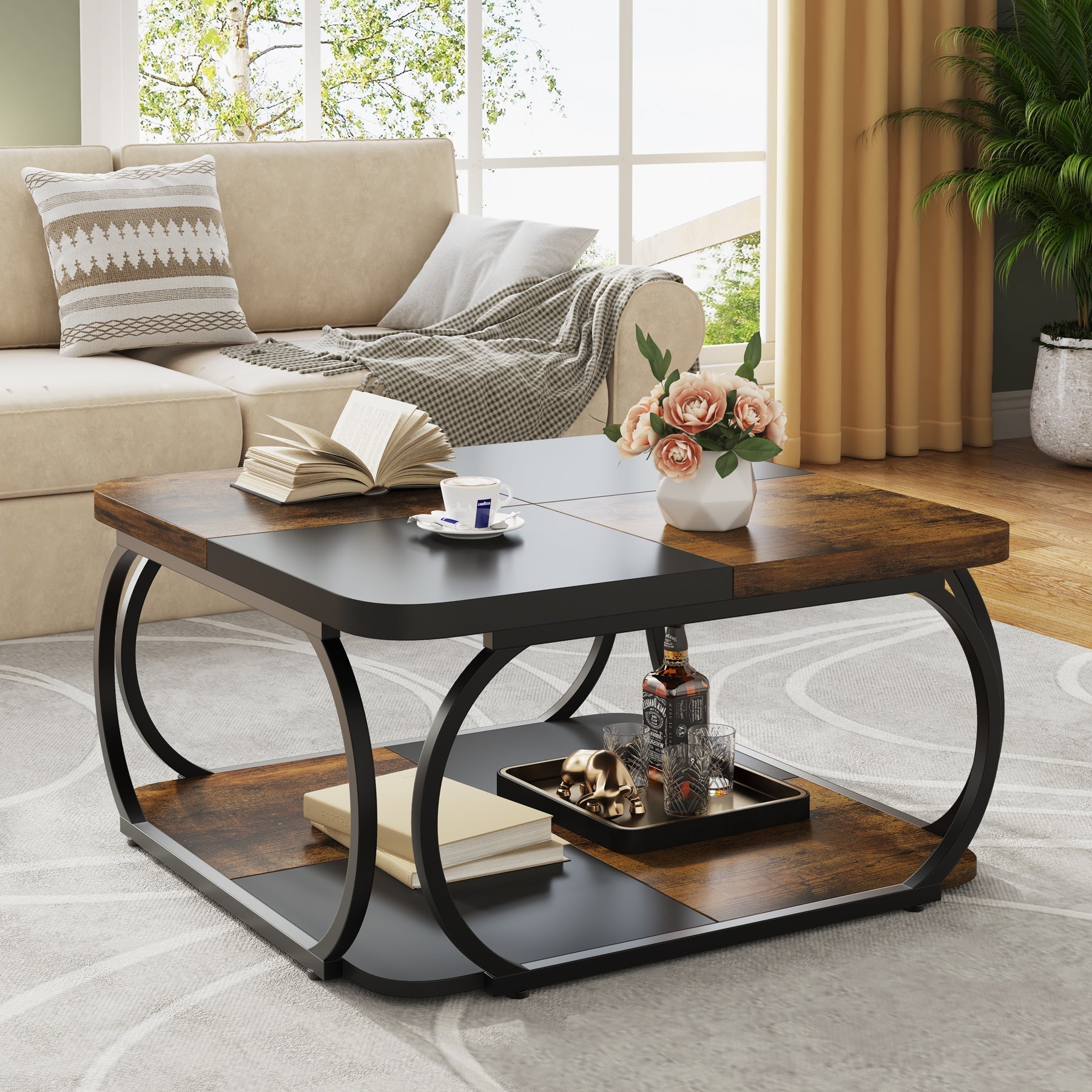 100 cm Vierkante Salontafel met Dubbele Planken, Landelijke Tafel met Metal Frame