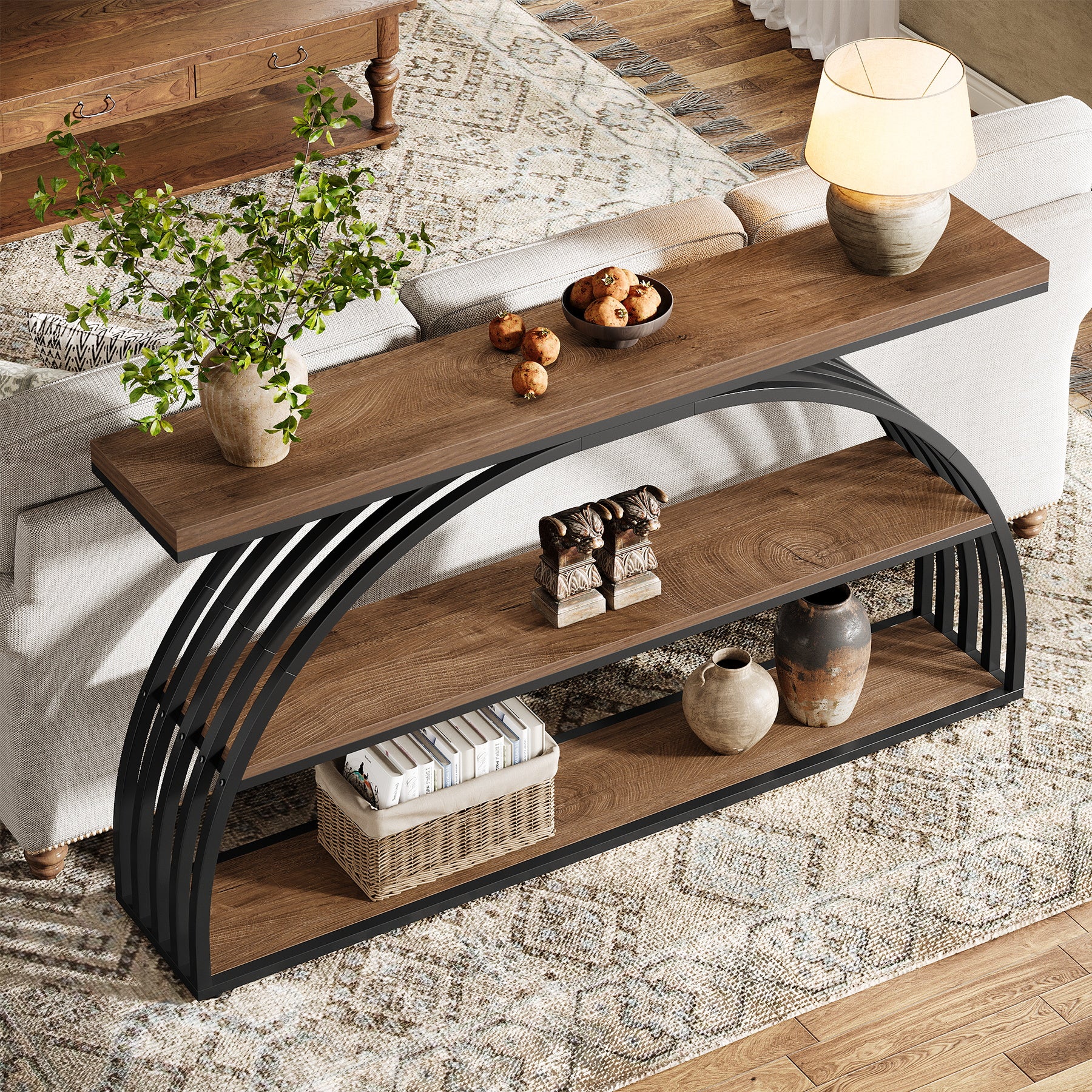 Consoletafel van 160 cm in Rustiek Bruin met Gebogen Frame, Industriële 3-Lagen Hal- en Banktafel voor Woonkamer en Entree