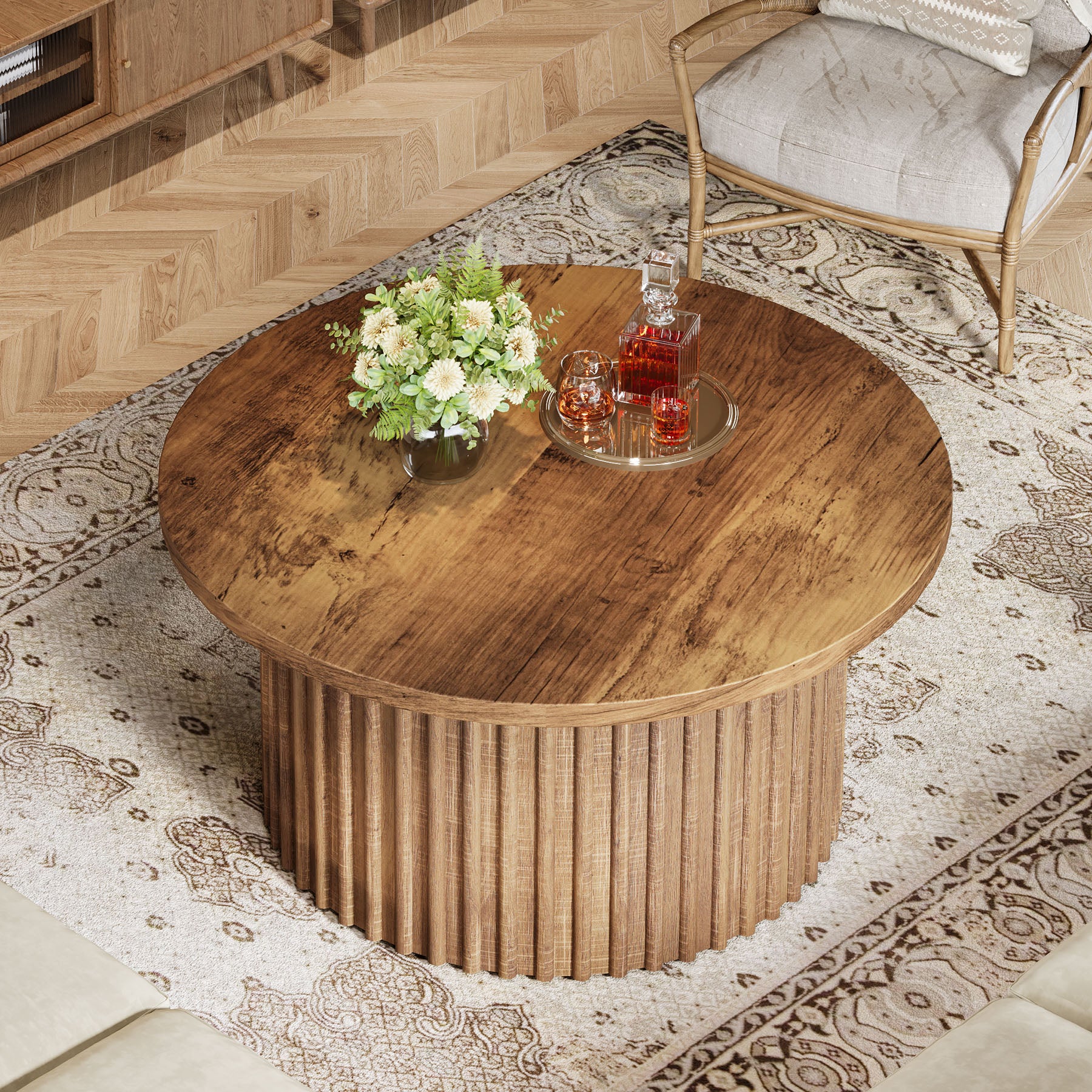 Ronde Salontafel 80 cm, Landelijke Cirkelvormige Tafel met Metalen Basis