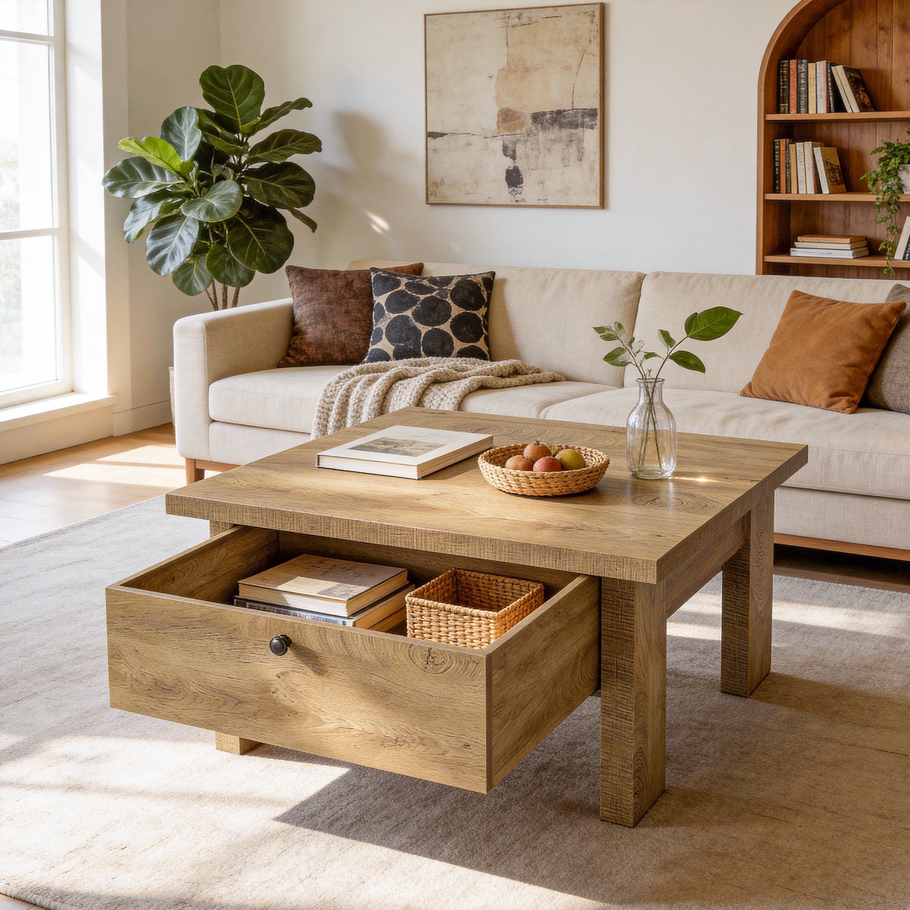 Tribesigns vierkante salontafel 80 cm met lade, woonkamertafel in landelijke stijl met verborgen opbergruimte