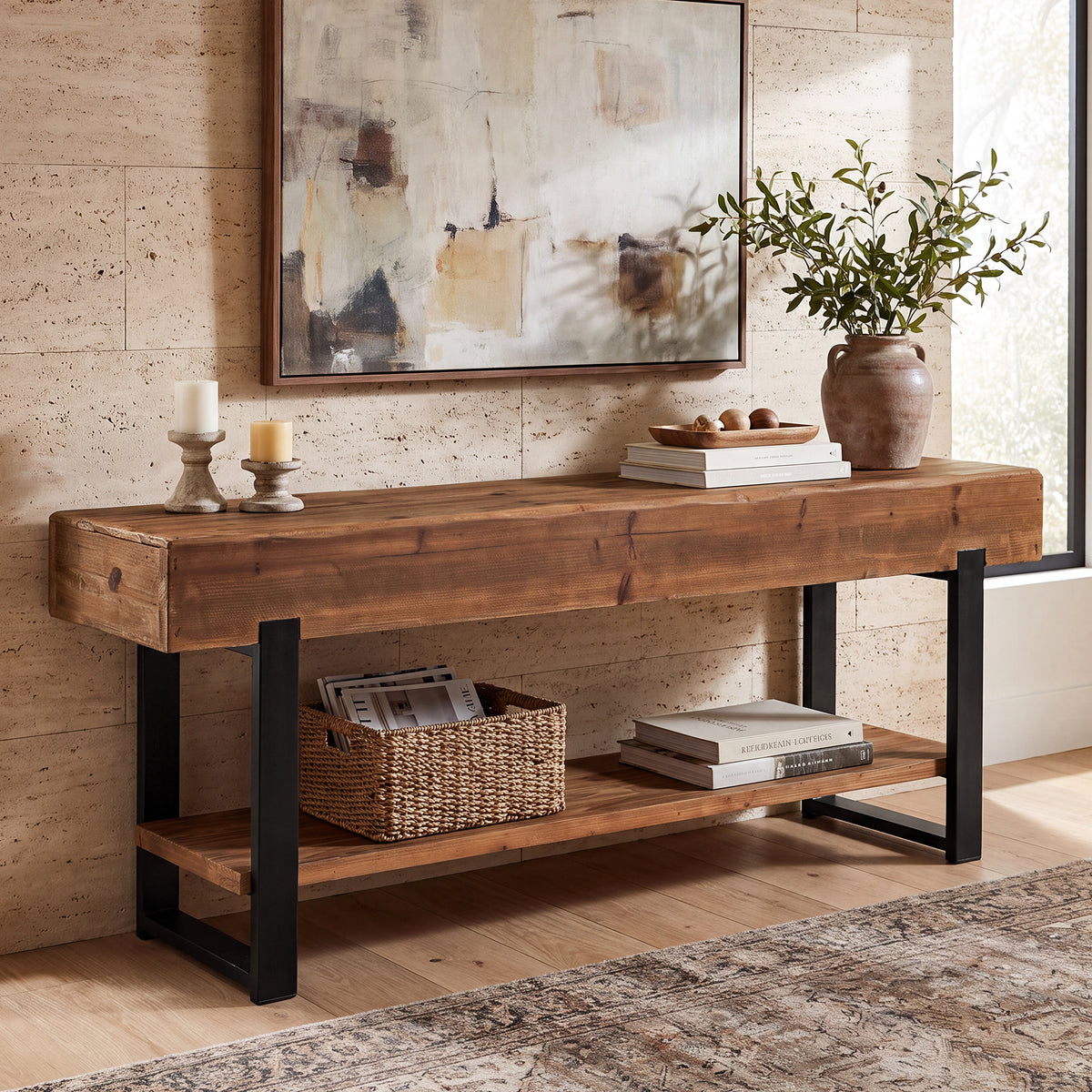 Tribesigns 160 cm tv-meubel van massief hout met 2-laags opbergrek en metalen frame, landelijke tv-kast voor woonkamer