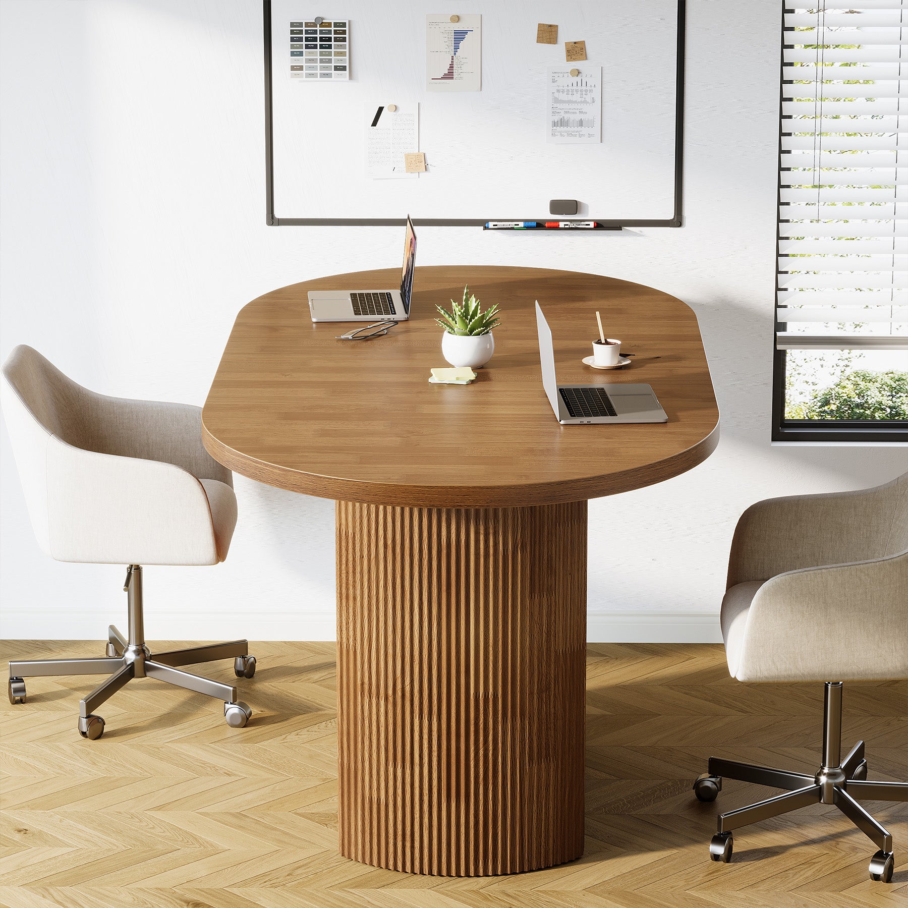 120 cm Ovale Vergadertafel voor 4 Personen, Rustieke Houten Conferentietafel met Polygonale Poot