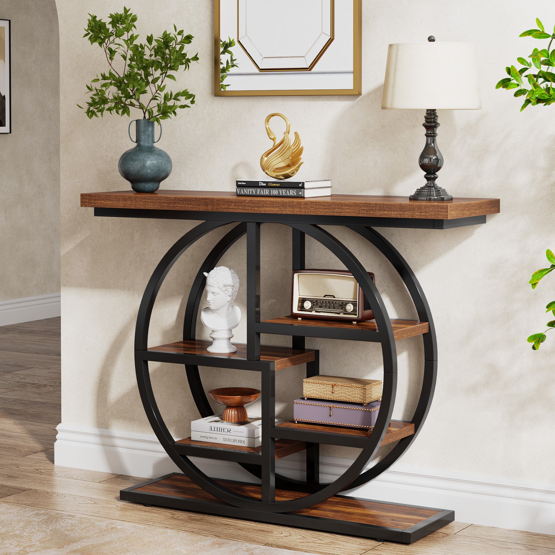 105 cm Industriële Console, 6 Etages met Rond Onderstel en Opbergplanken