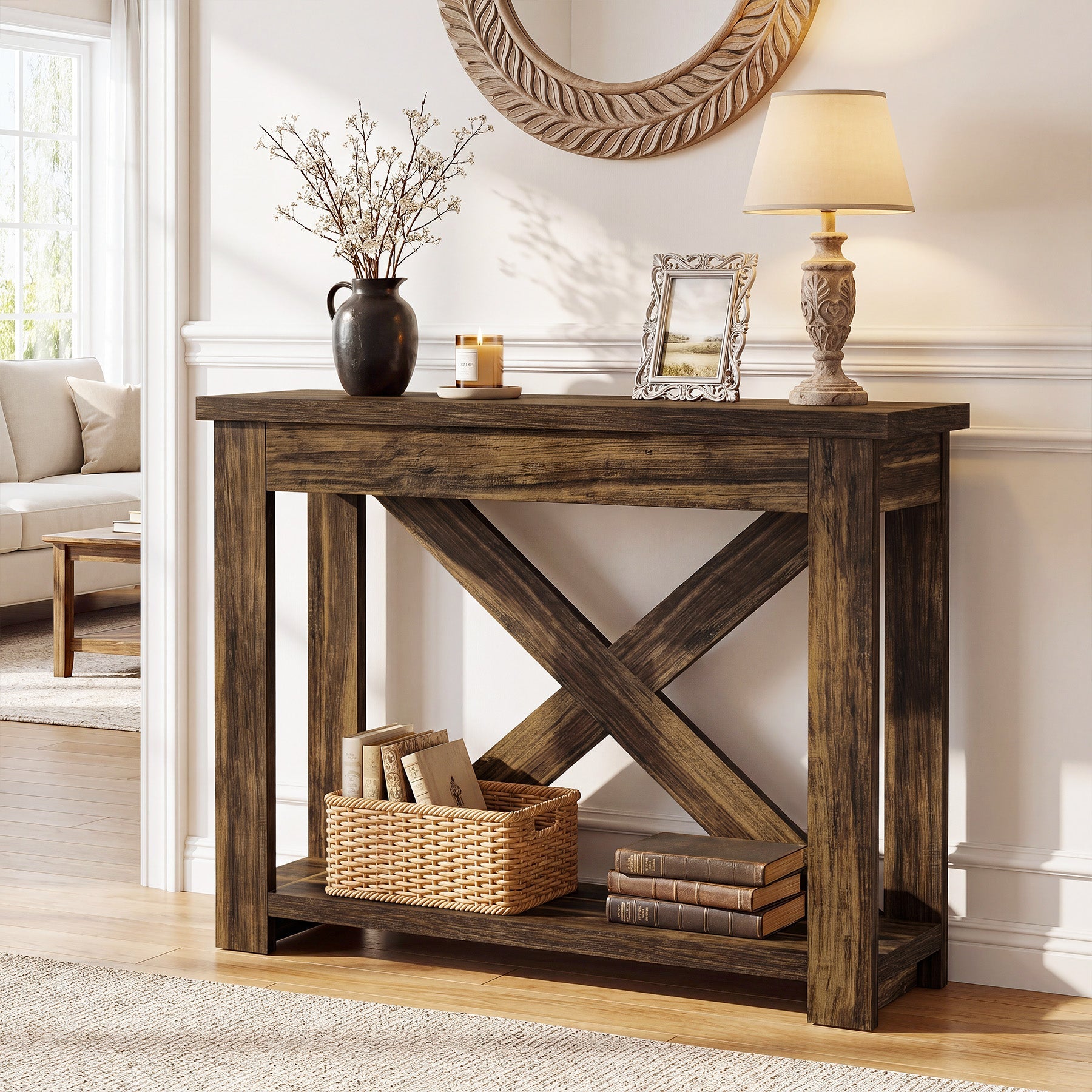 Tribesigns consoletafel 105 cm in landelijke stijl met plank, smalle haltafel met 2 niveaus