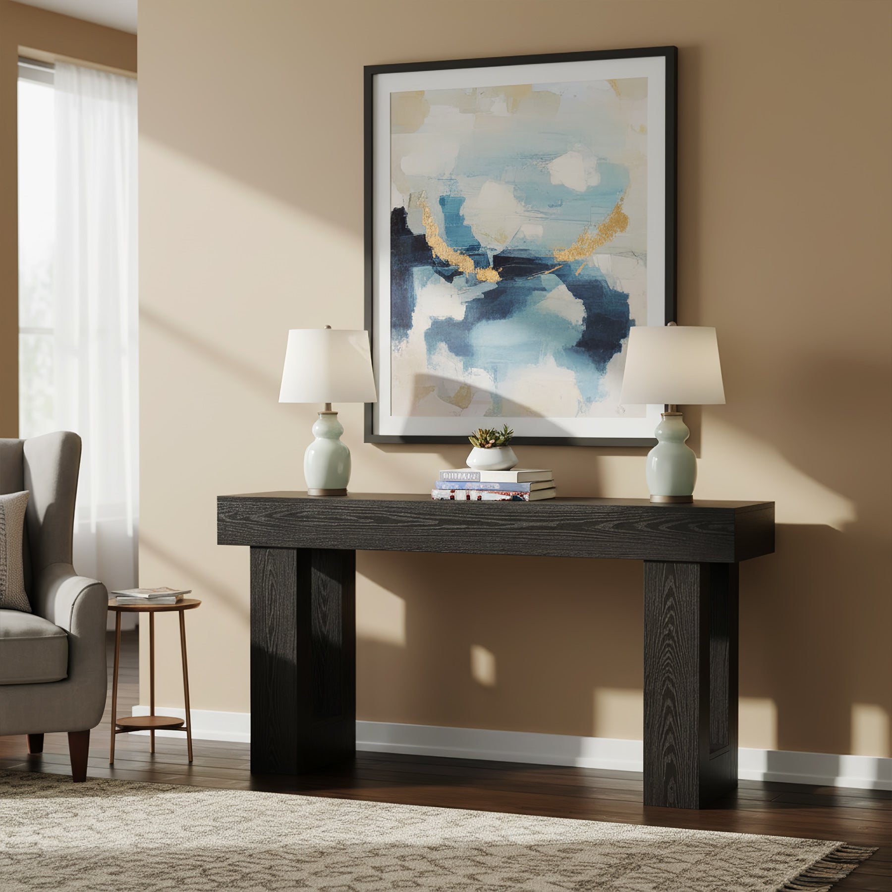 160 cm Landelijke Consoletafel met Massief Houten Poten, Houten Sofa-tafel voor Hal en Woonkamer