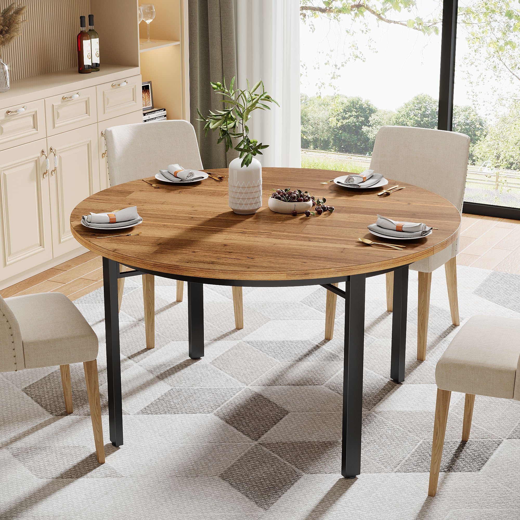 118,5 cm Ronde Eettafel Voor 4-6 Personen, Solide Metalen Poten Voor Keuken of Eetkamer
