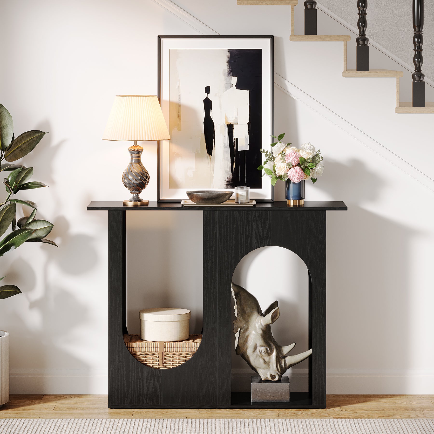 100 cm Zwarte Banktafel, Smalle Consoletafel met Gebogen Design voor Entree en Woonkamer
