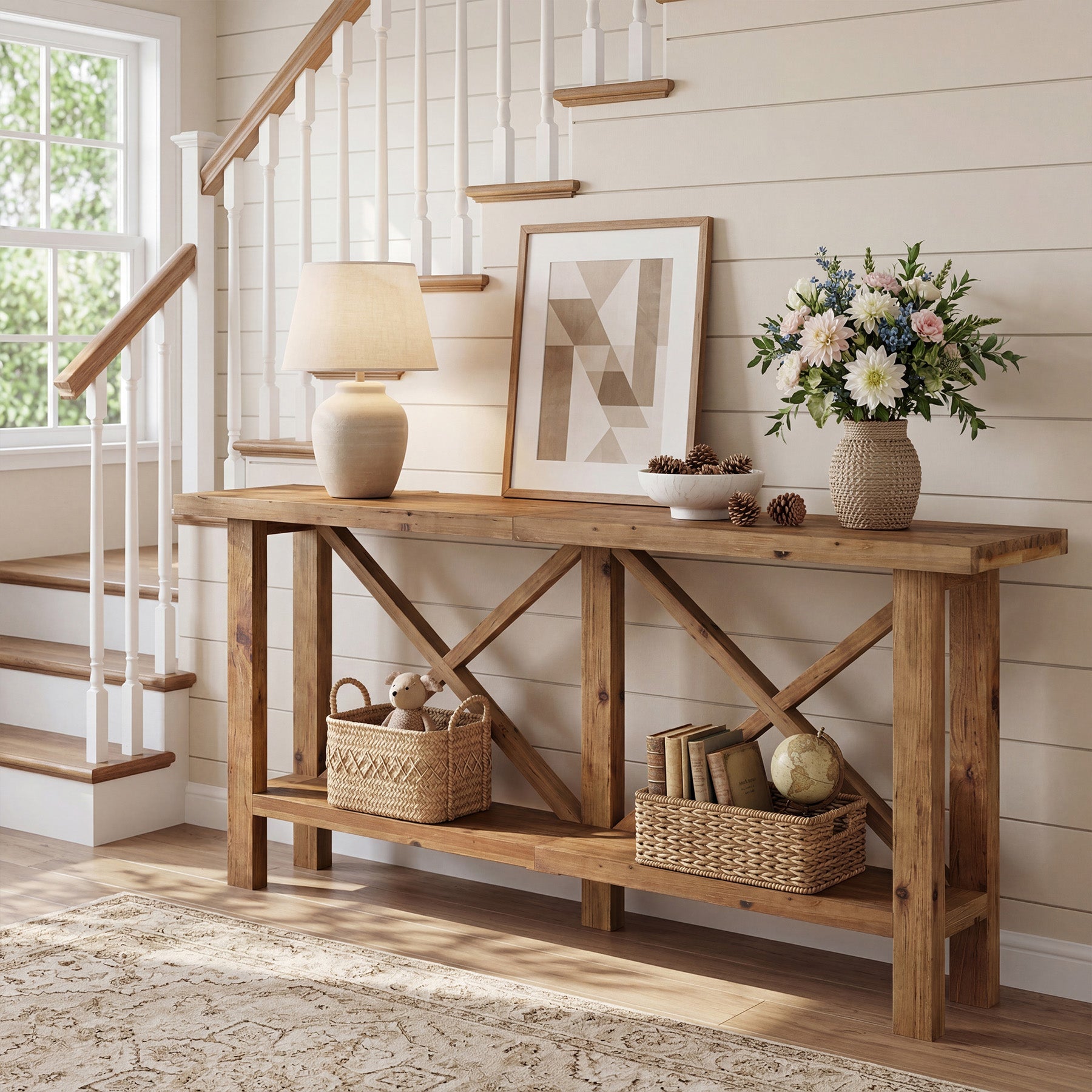 180 cm Tribesigns smalle consoletafel, 2-laagse haltafel van massief hout