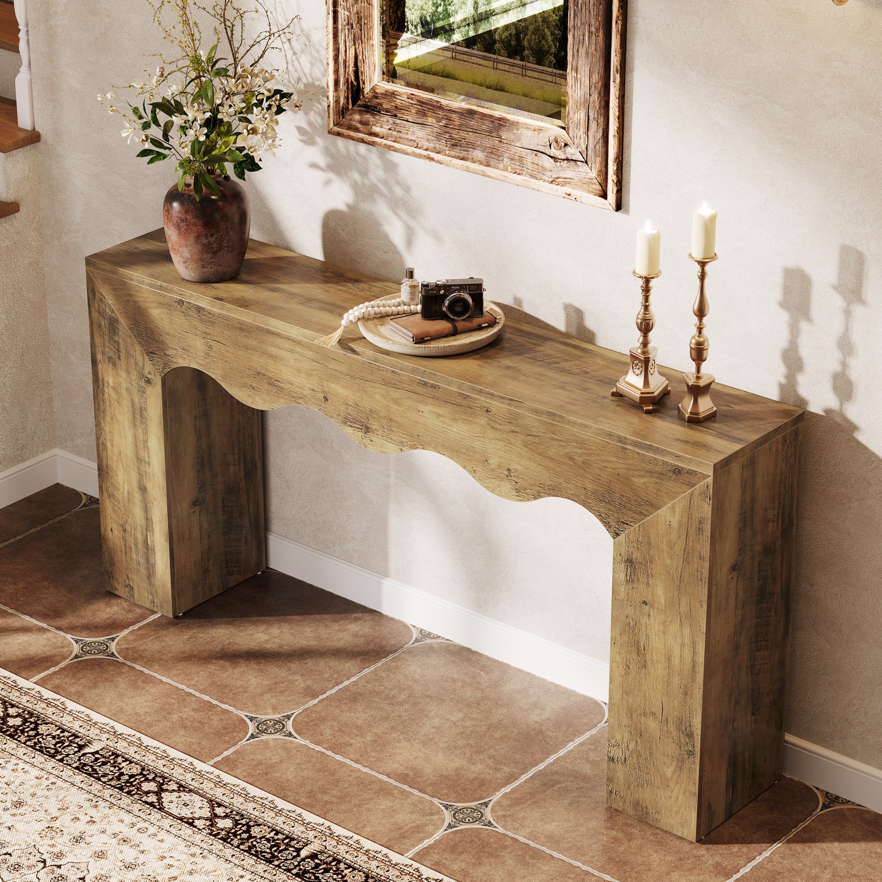160 cm Consoletafel met Golvende Rand, Landelijke Smalle Haltafel met Opbergruimte voor Woonkamer Entree