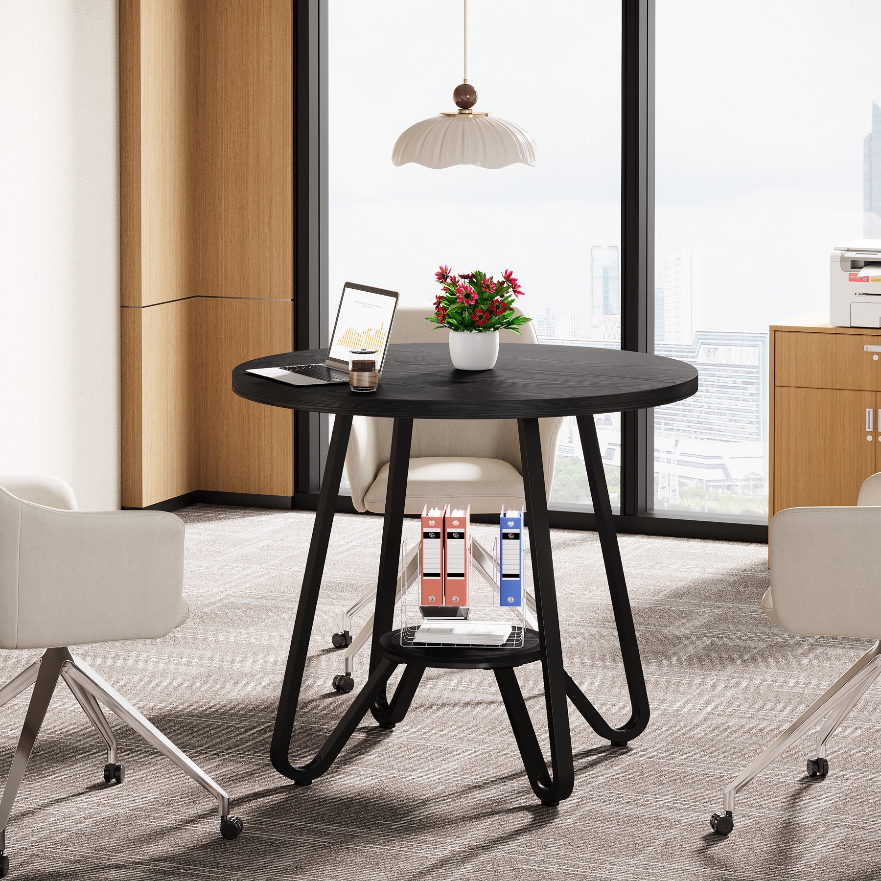 80 x 80 x 75 cm Ronde Conferentietafel voor 2-4 Personen, Compacte Houten Kantoortafel Bruin