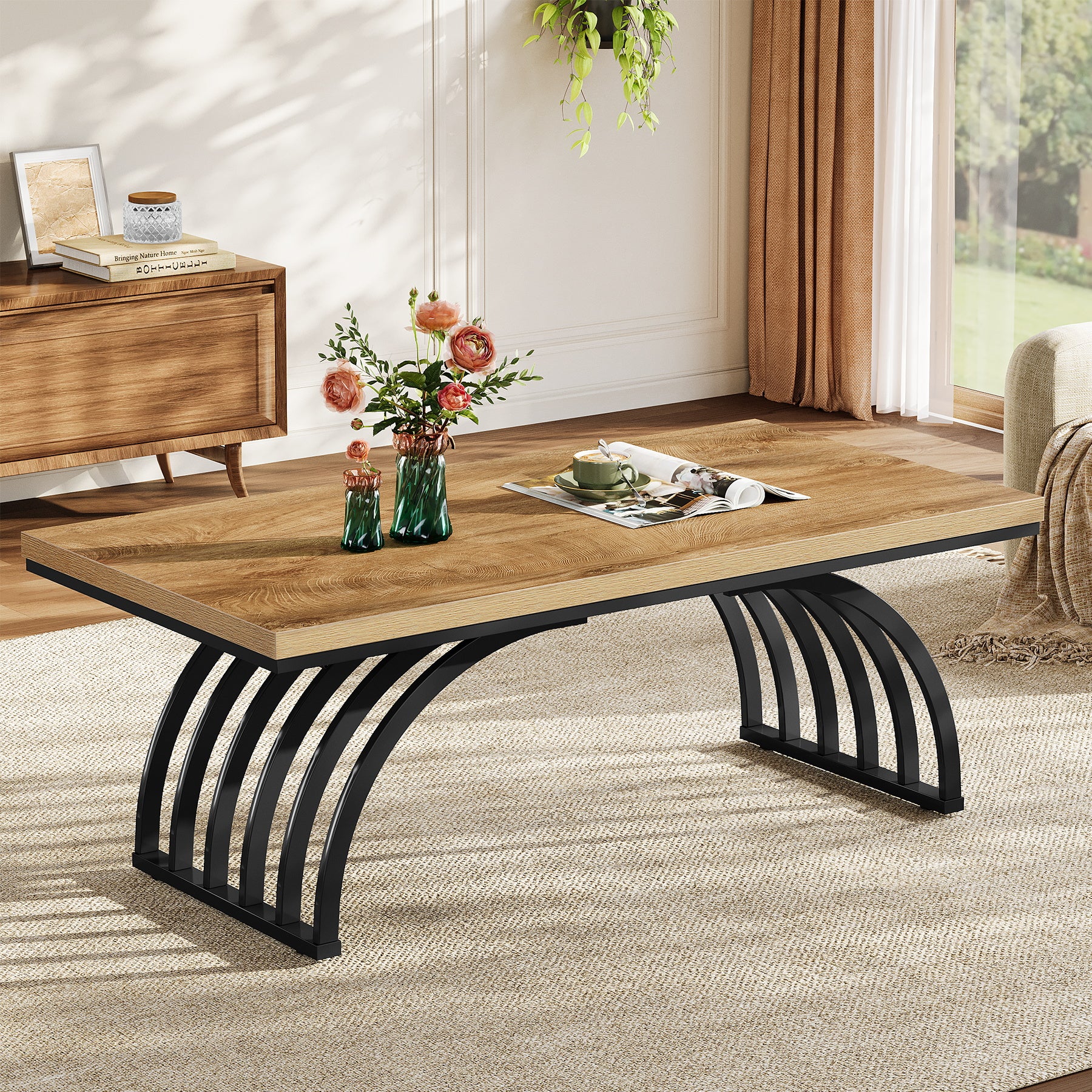 120 cm Rechthoekige Salontafel met Metalen Poten, Rustieke Houten Salontafel