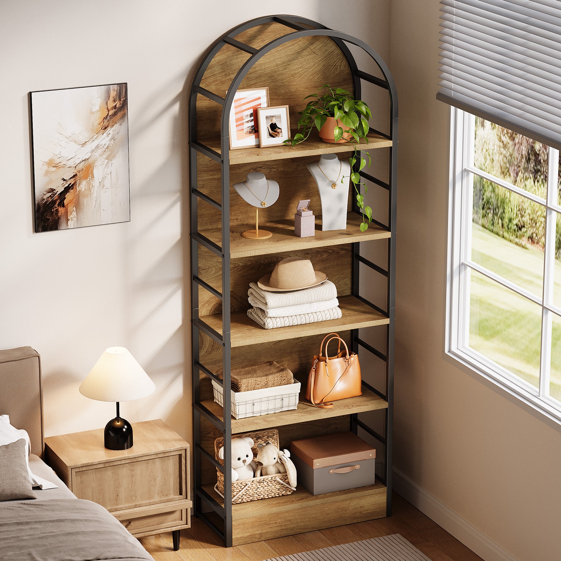 180 cm Boog Boekenkast met 5 Niveaus, Industrieel Open Rek met Metaal Frame voor Woonkamer