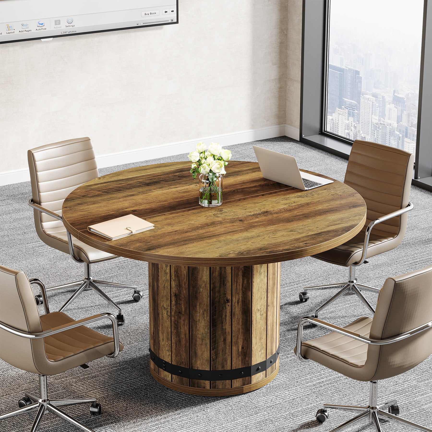 100cm Ronde Vergadertafel voor 4 Personen, Boerderijstijl met Hekwerk Basis voor Kantoor in Landelijk Bruin