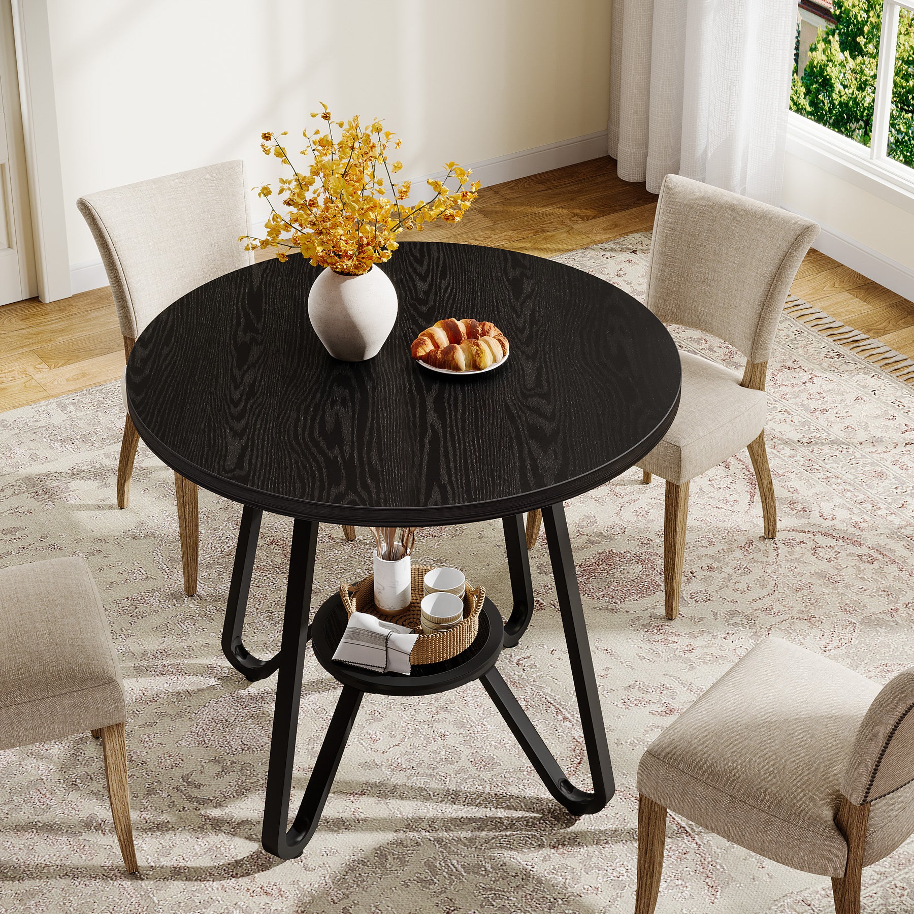 80 cm Ronde Eettafel met Dubbele Legplanken, Industriële Keukentafel voor 2 Personen