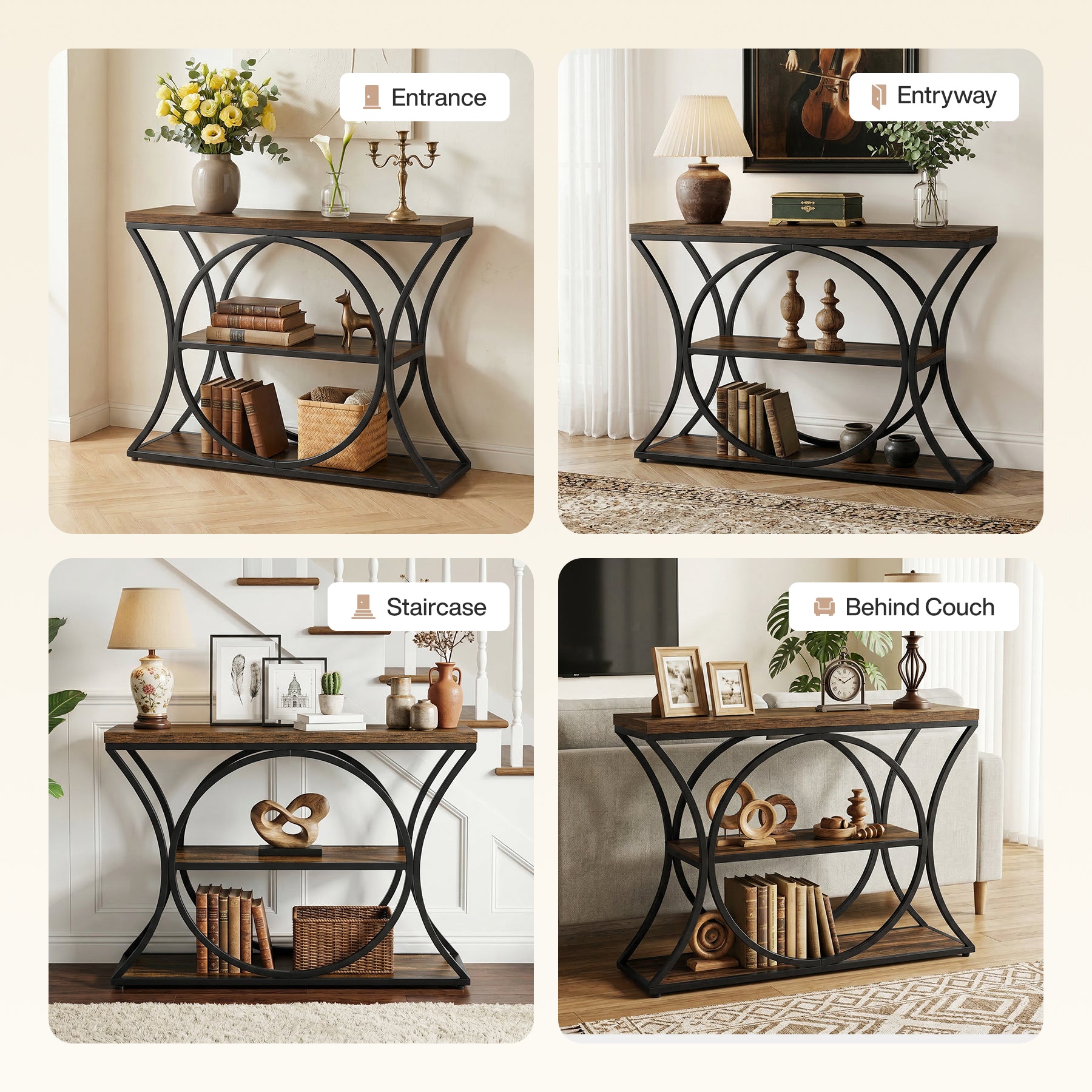 105 cm Tribesigns Industriële Consoletafel, 3-Laagse Sidetable met Boogframe