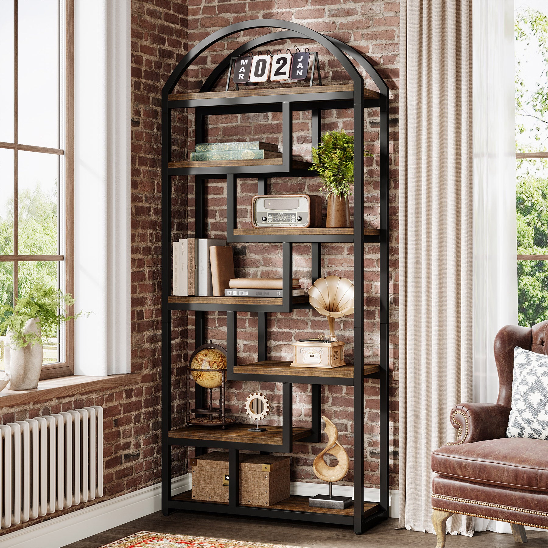 80 cm industriële boekenkast, boogvormige kast met open displayplanken