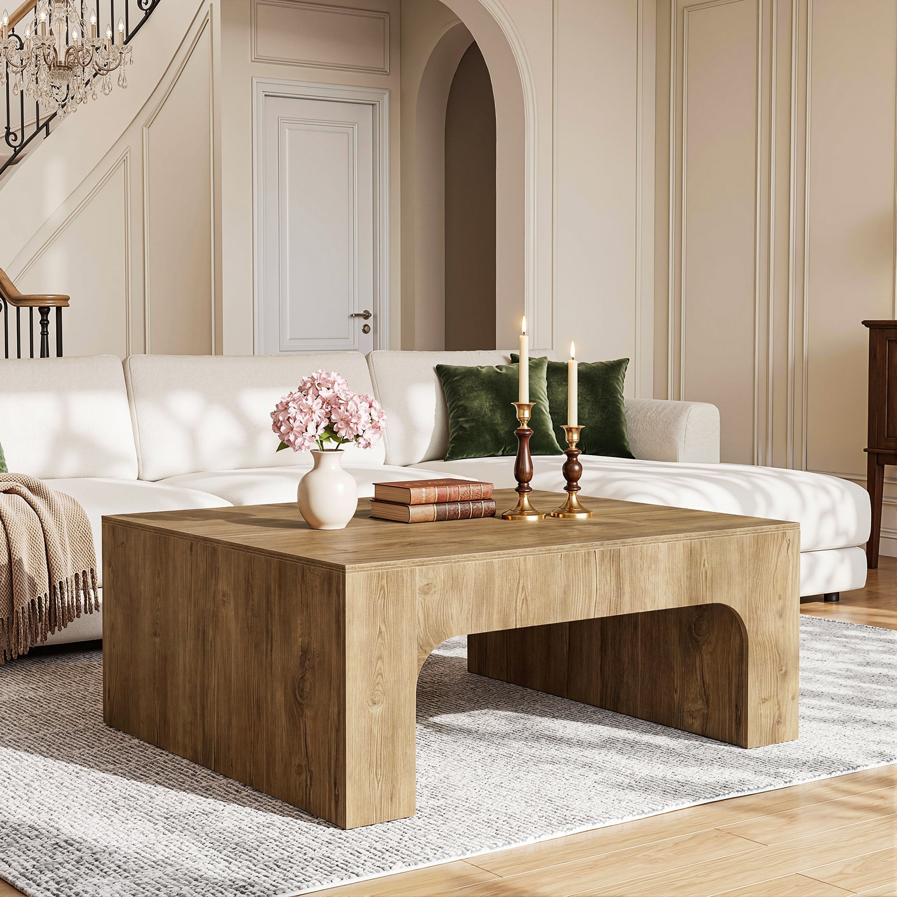 Tribesigns Vierkante salontafel 100 cm in landelijke stijl met elegant gebogen ontwerp