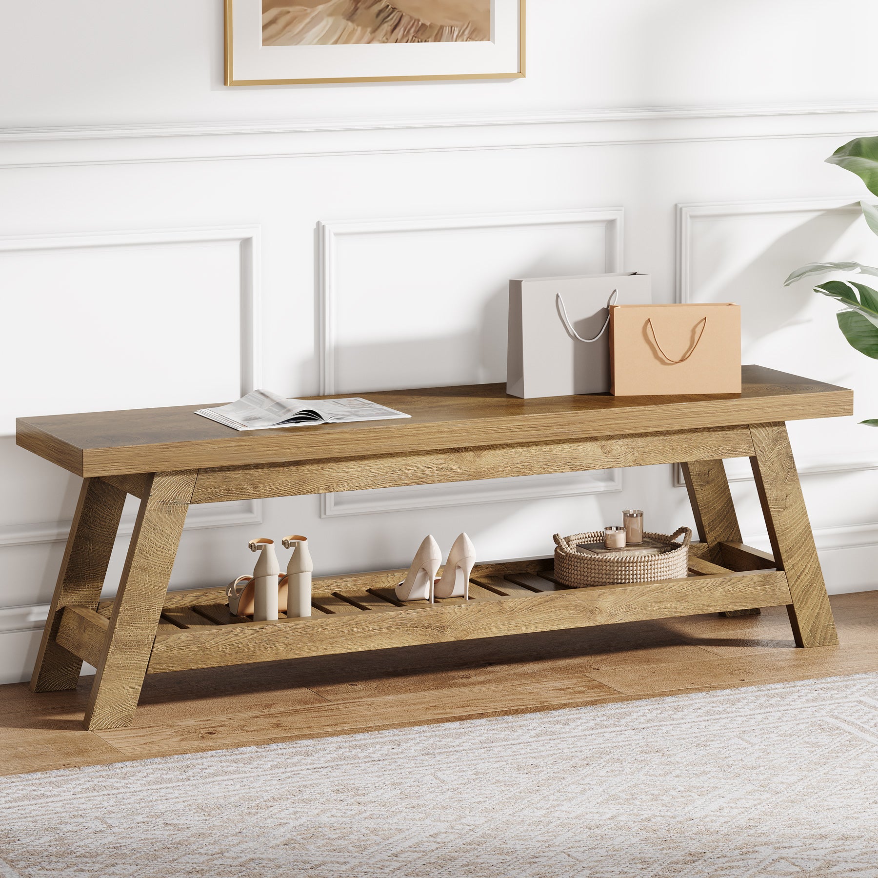 140 cm Houten Halbank met Opbergruimte, Smalle Schoenenbank met 2 Planken