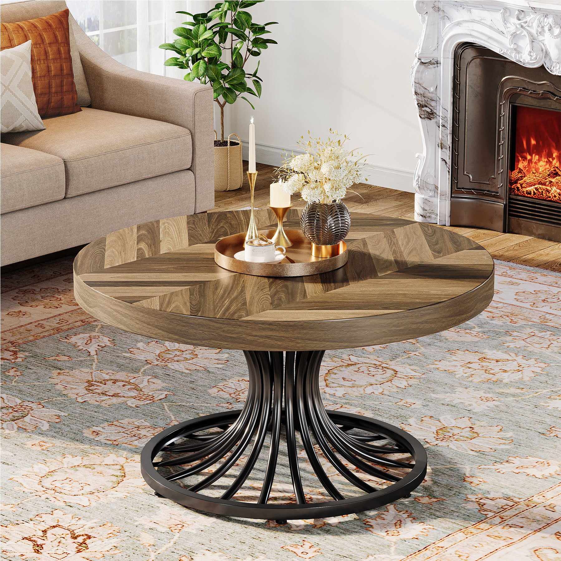 79 cm Ronde Salontafel van Hout, Landelijke Koffietafel met Metalen Sokkel voor Woonkamer