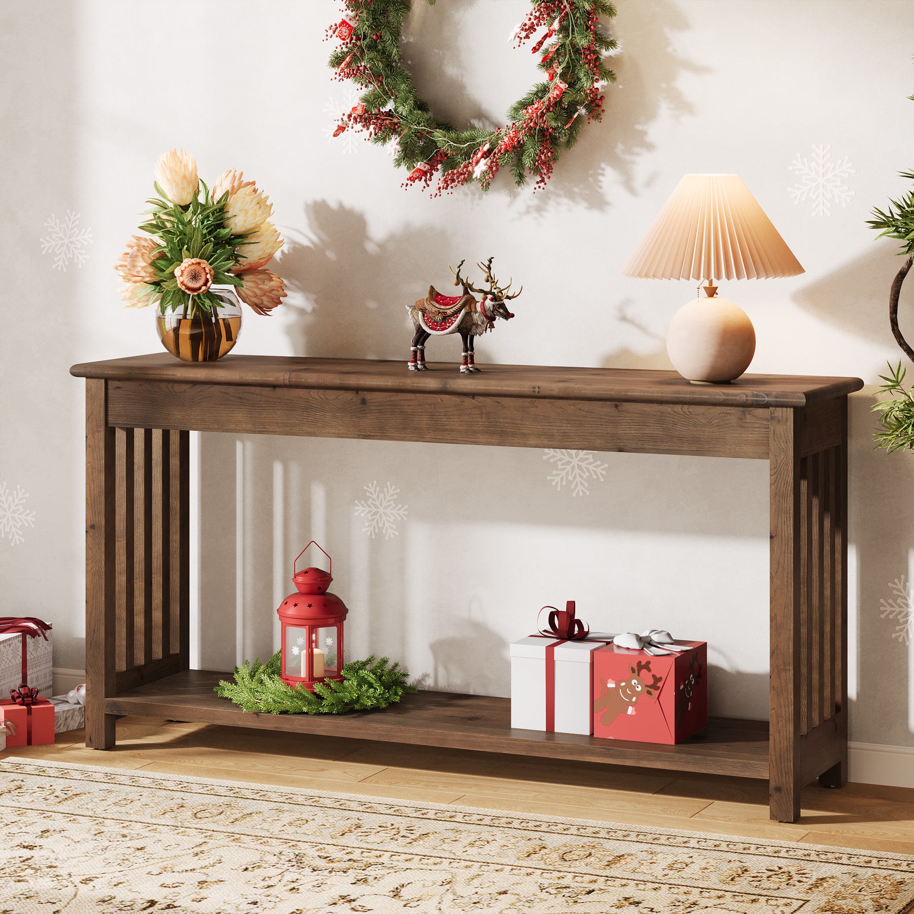 160 cm Houten Consoletafel met 2-Laags Opbergruimte, Lange Sofa Tafel voor Entree