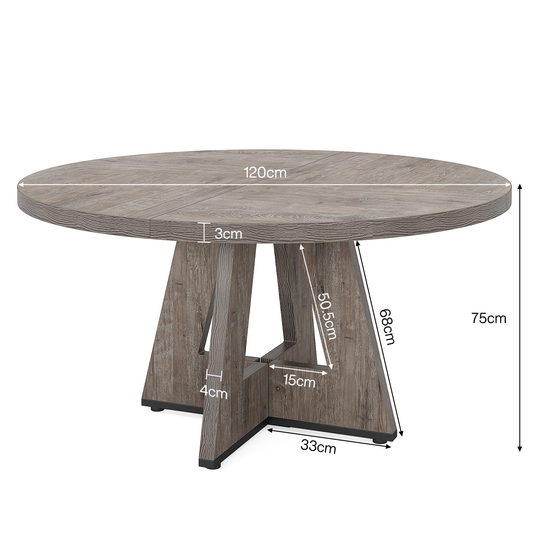 120 cm Ronde Boeren Eettafel, Bruin Houten Tafelblad voor 4 Personen in Keuken of Woonkamer