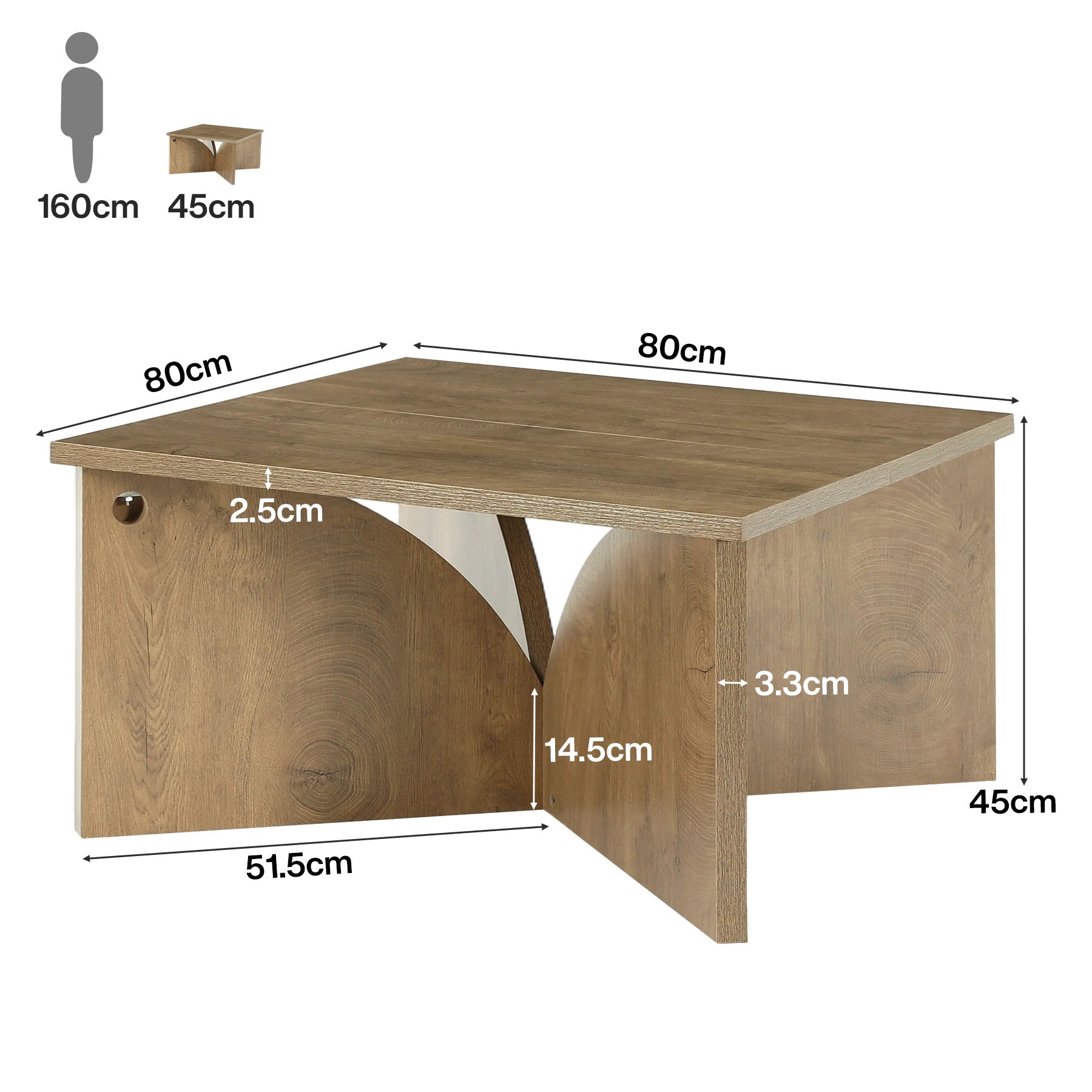 80 cm Vierkante Salontafel met Stevige Basis, Landelijke Houten Tafel voor Woonkamer