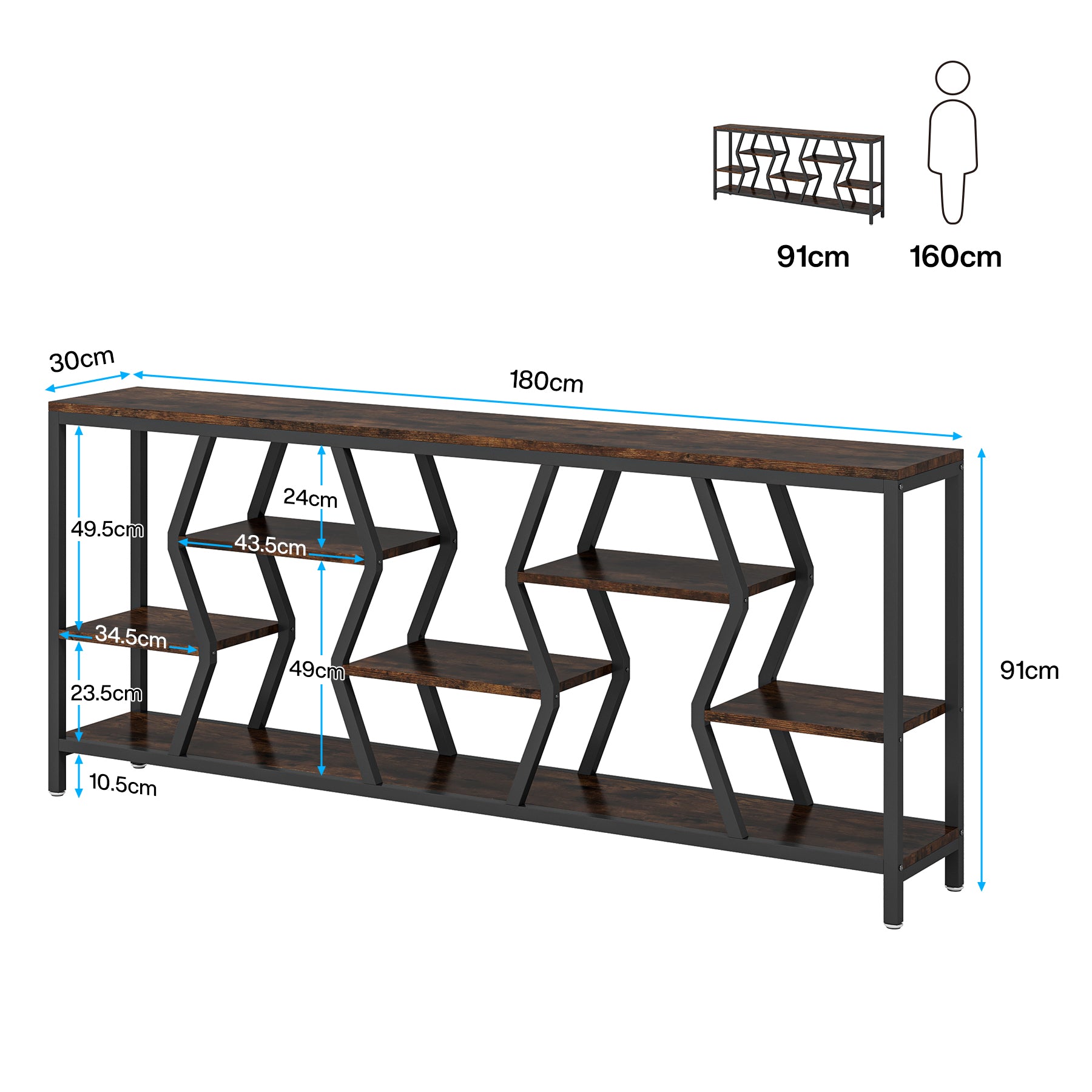Tribesigns Consoletafel 180 cm met 4 Legplanken – Smalle Banktafel in Industriële Landhuisstijl