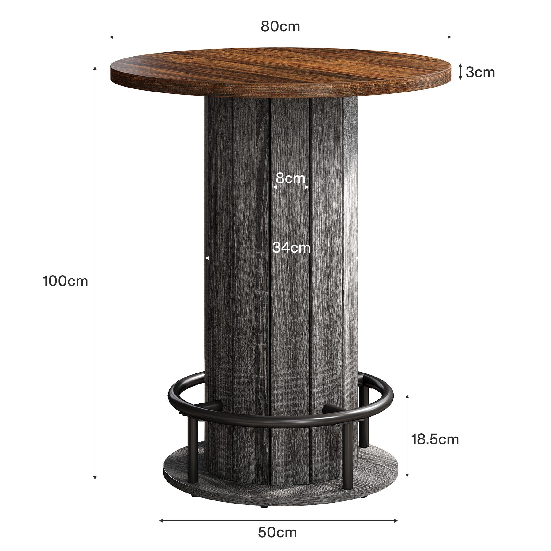 80 cm Industriële Bartafel met Houten Lattenvoet en Voetsteun