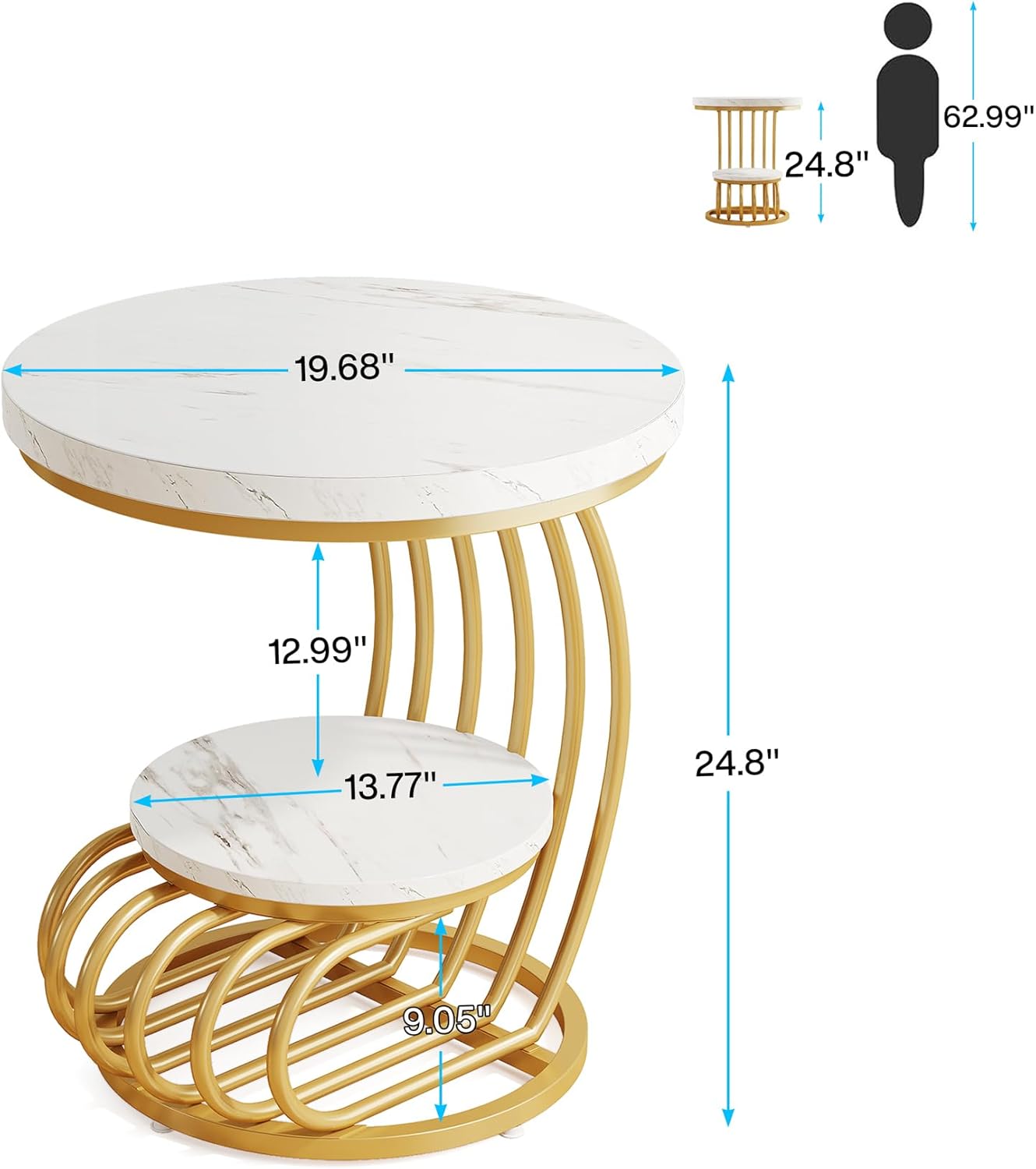 50 cm Ronde Bijzettafel, Moderne Design met Gouden Frame en Witte Afwerking