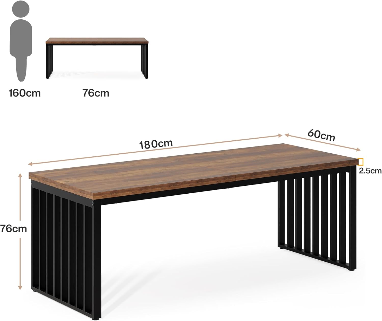 180 cm Bureau, Robuuste Computertafel Met Metalen Frame Voor Thuiskantoor