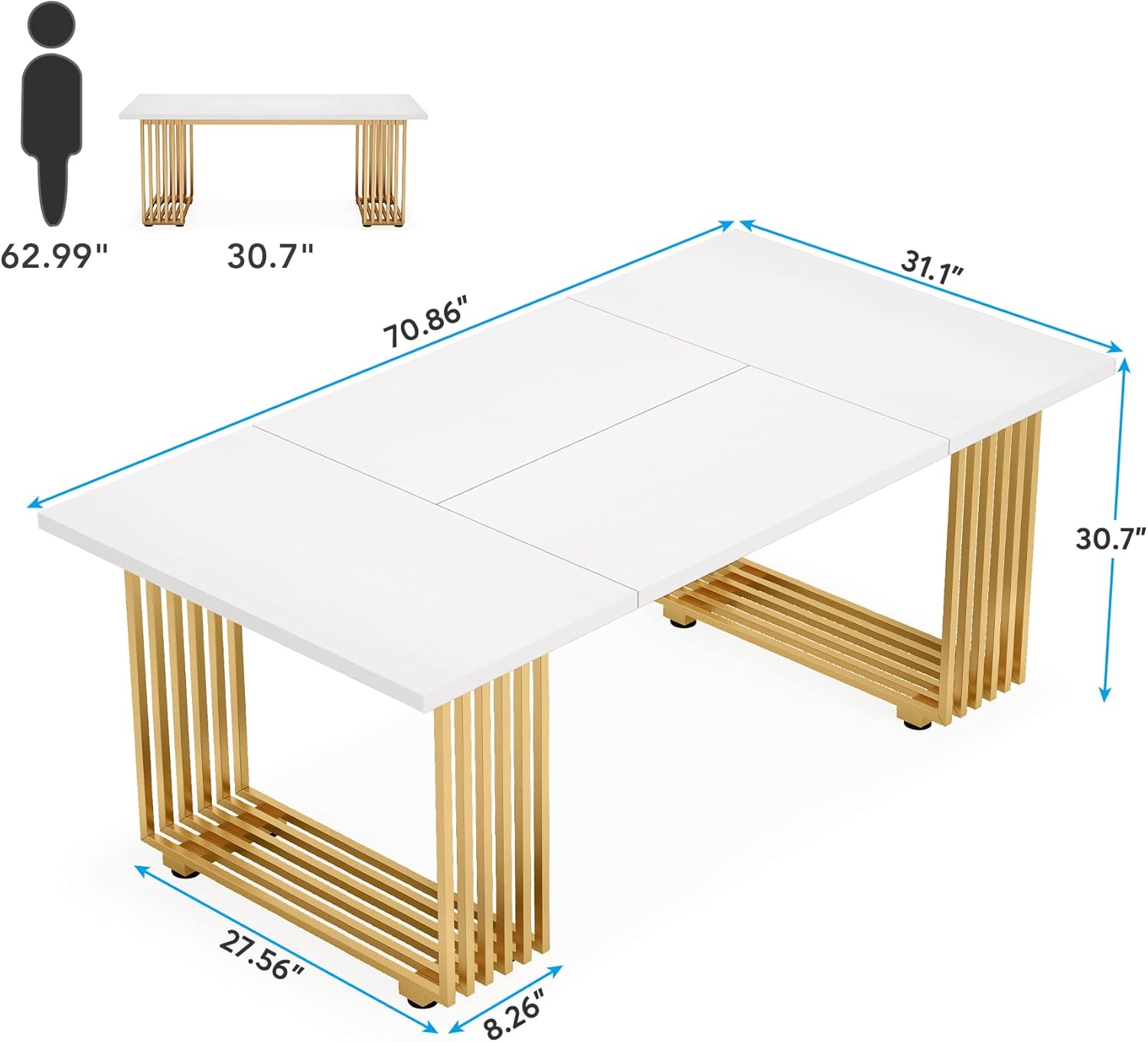 180 cm Eettafel voor Acht Personen, Moderne Witte Tafel met Gouden Accenten voor Eetkamer