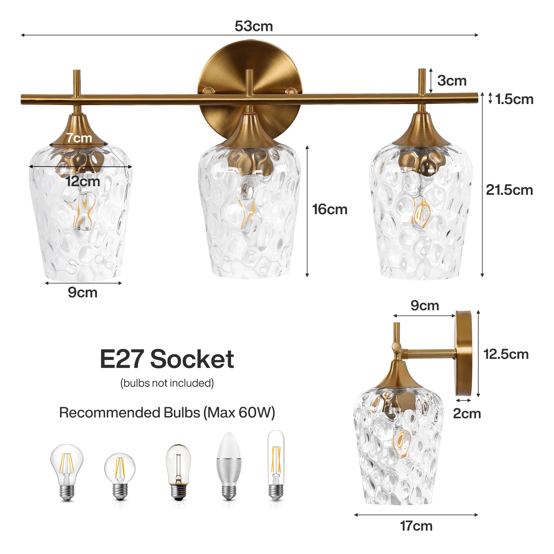 53 x 17 x 27 cm Tribesigns 3-lichts badkamerwandlamp met E27 fitting, gouden wandlamp met golfglazen kappen voor badkamerspiegel