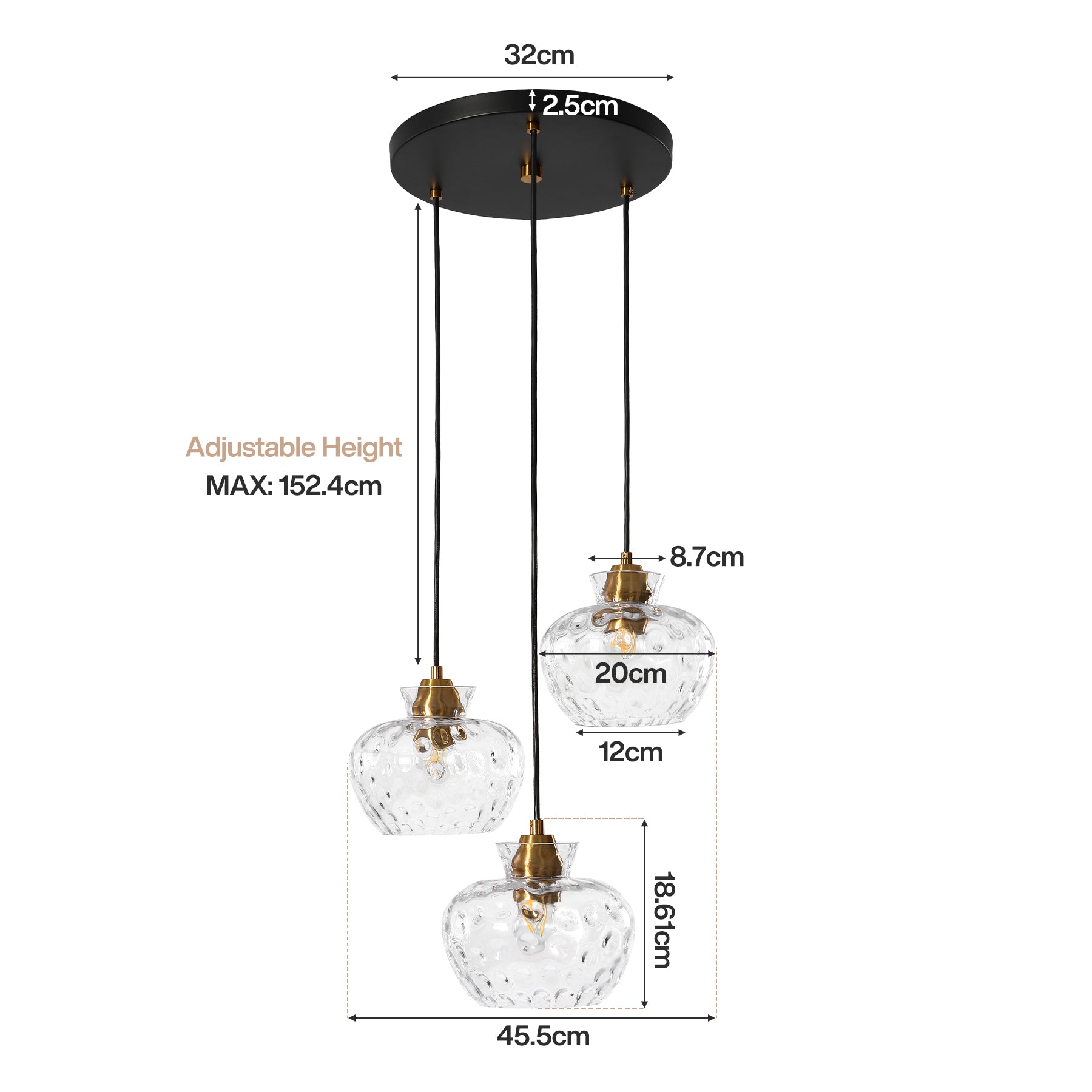 152 cm Tribesigns 3-lichts pendellamp met geribbeld glas en E27 fitting, in hoogte verstelbare vintage hanglamp voor eettafel, keuken en woonkamer [Energieklasse E]